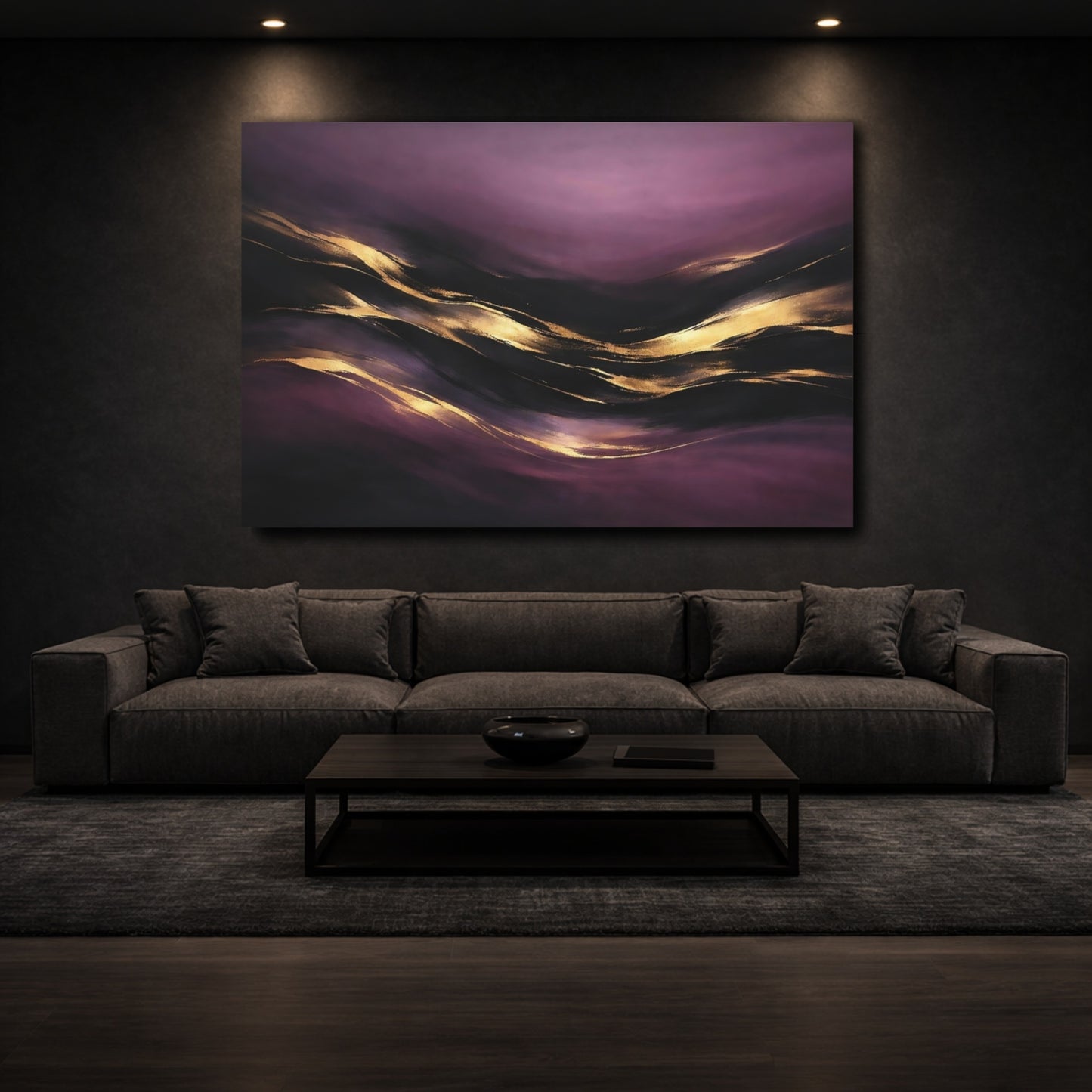 Mockup 2. Abstract Abstract Flow Purple Gold Abstract shown as stretched canvas wall art