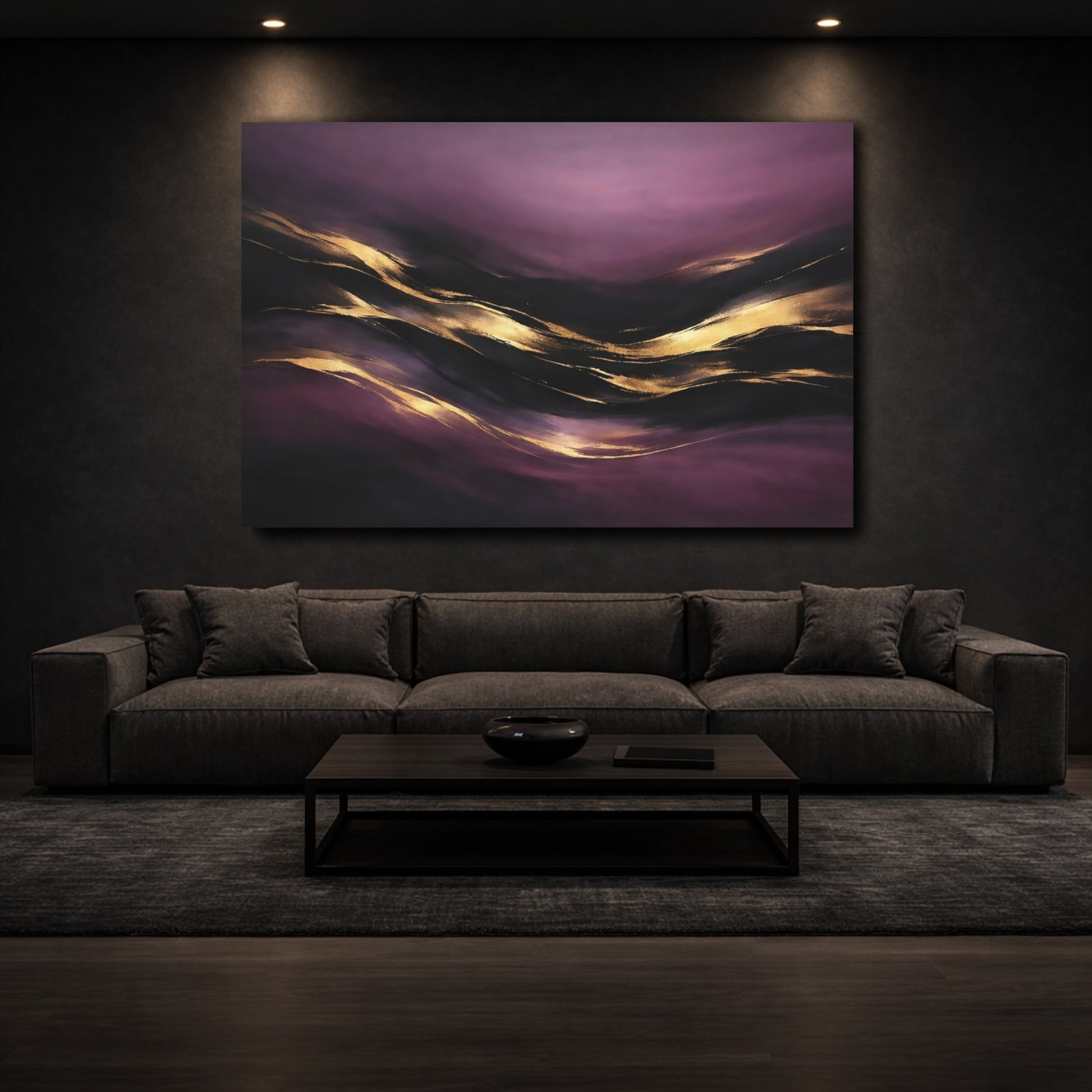 Mockup 2. Abstract Abstract Flow Purple Gold Abstract shown as stretched canvas wall art