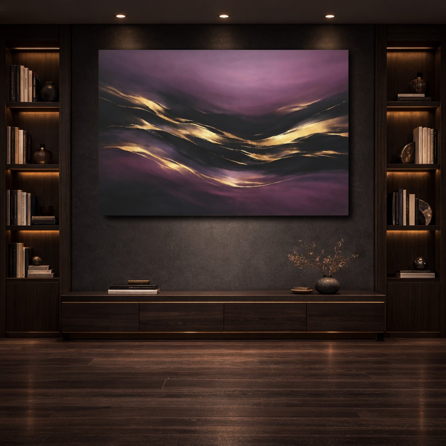 Mockup 3. Abstract Abstract Flow Purple Gold Abstract shown as stretched canvas wall art