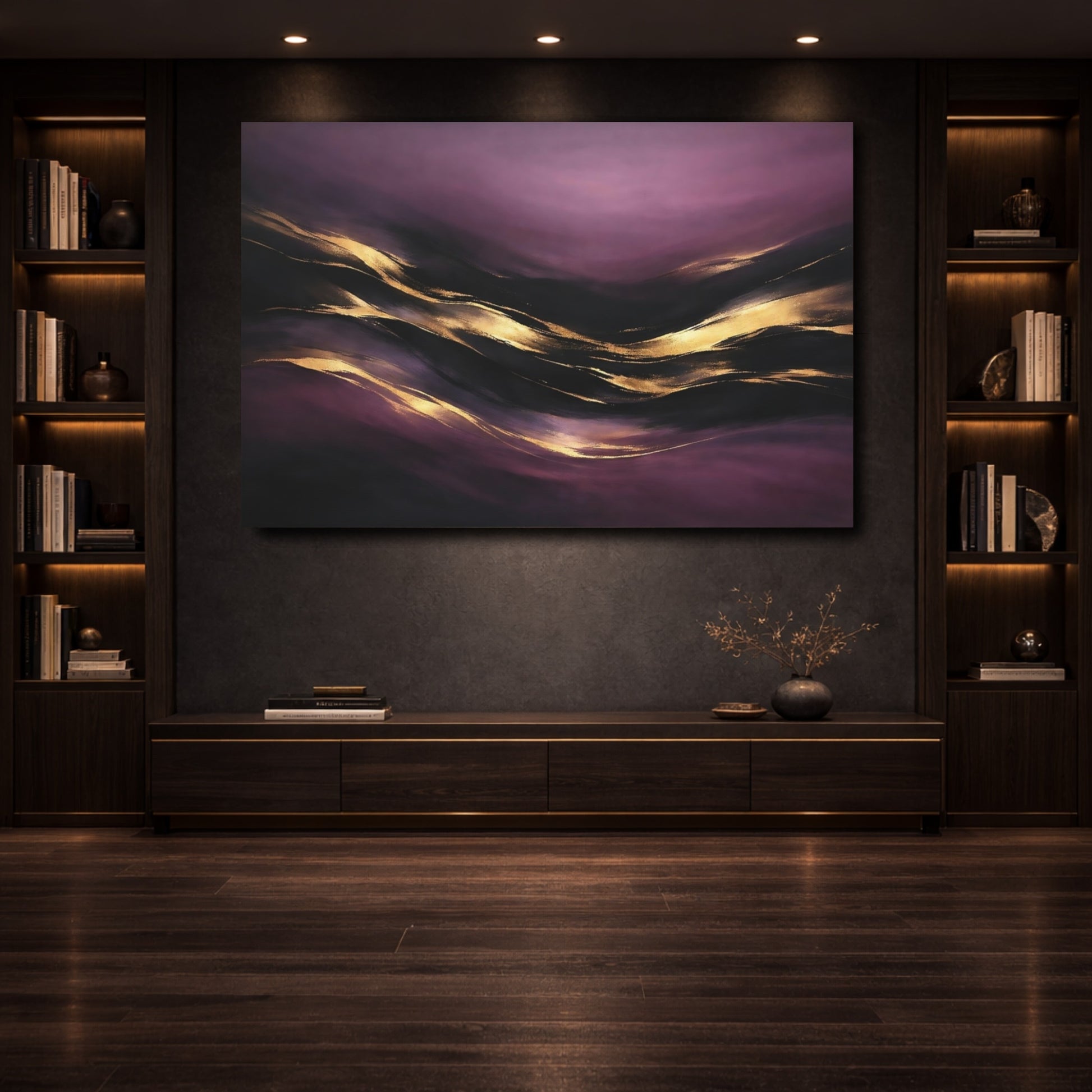 Mockup 3. Abstract Abstract Flow Purple Gold Abstract shown as stretched canvas wall art