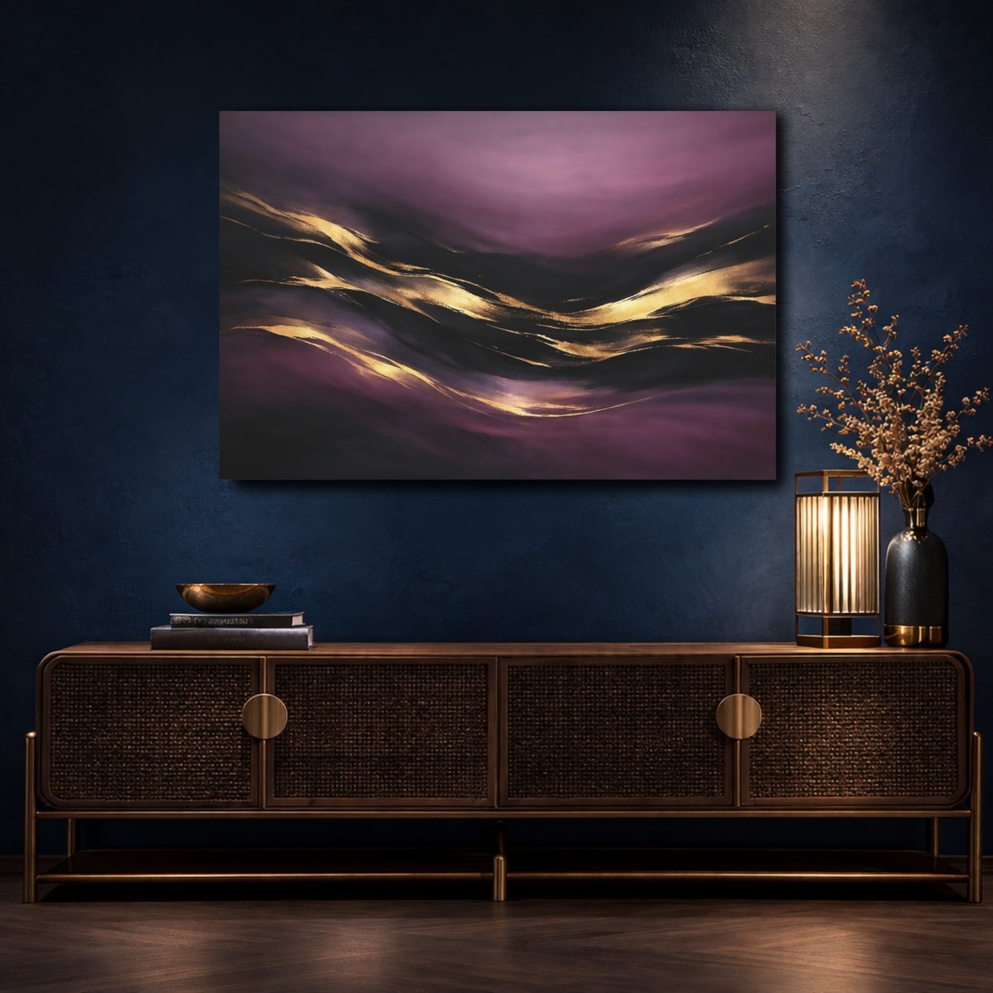 Mockup 4. Abstract Abstract Flow Purple Gold Abstract shown as stretched canvas wall art