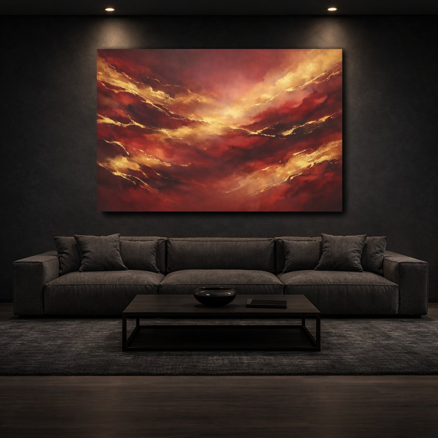 Mockup 2. Abstract Abstract Flow Red Gold Abstract shown as stretched canvas wall art