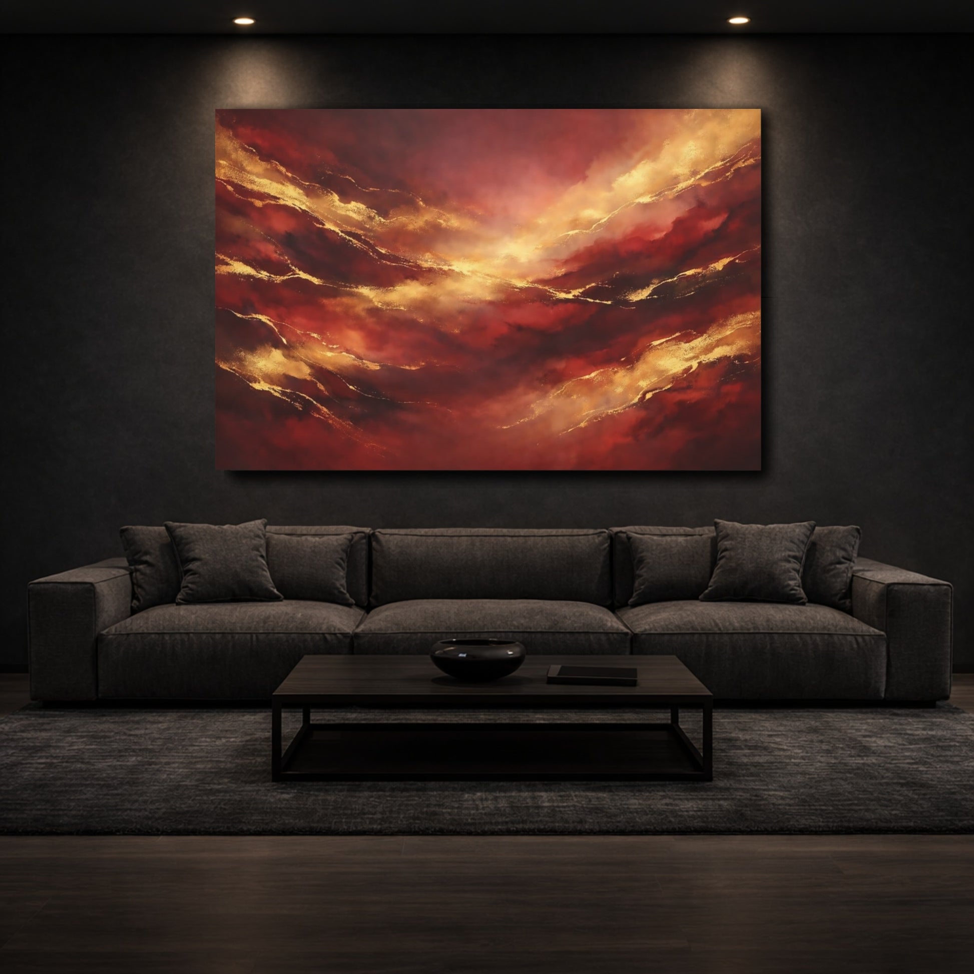 Mockup 2. Abstract Abstract Flow Red Gold Abstract shown as stretched canvas wall art