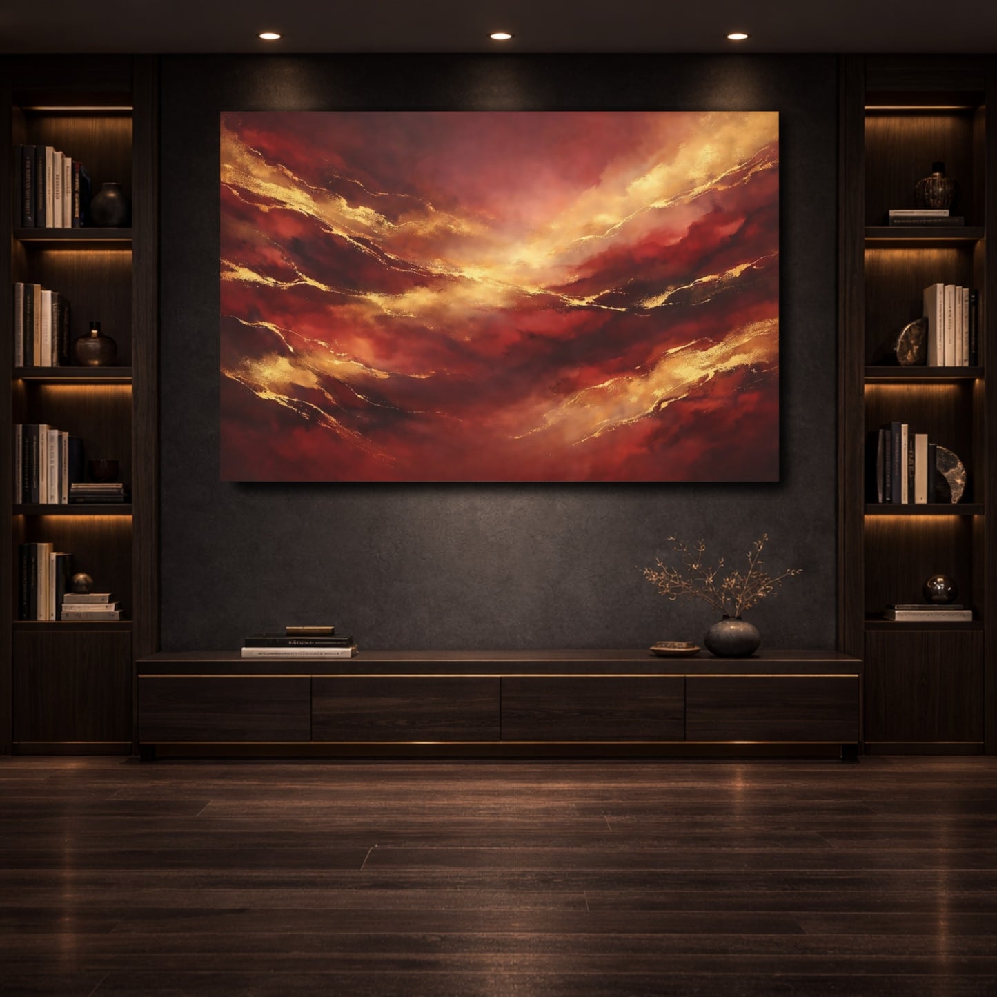 Mockup 3. Abstract Abstract Flow Red Gold Abstract shown as stretched canvas wall art