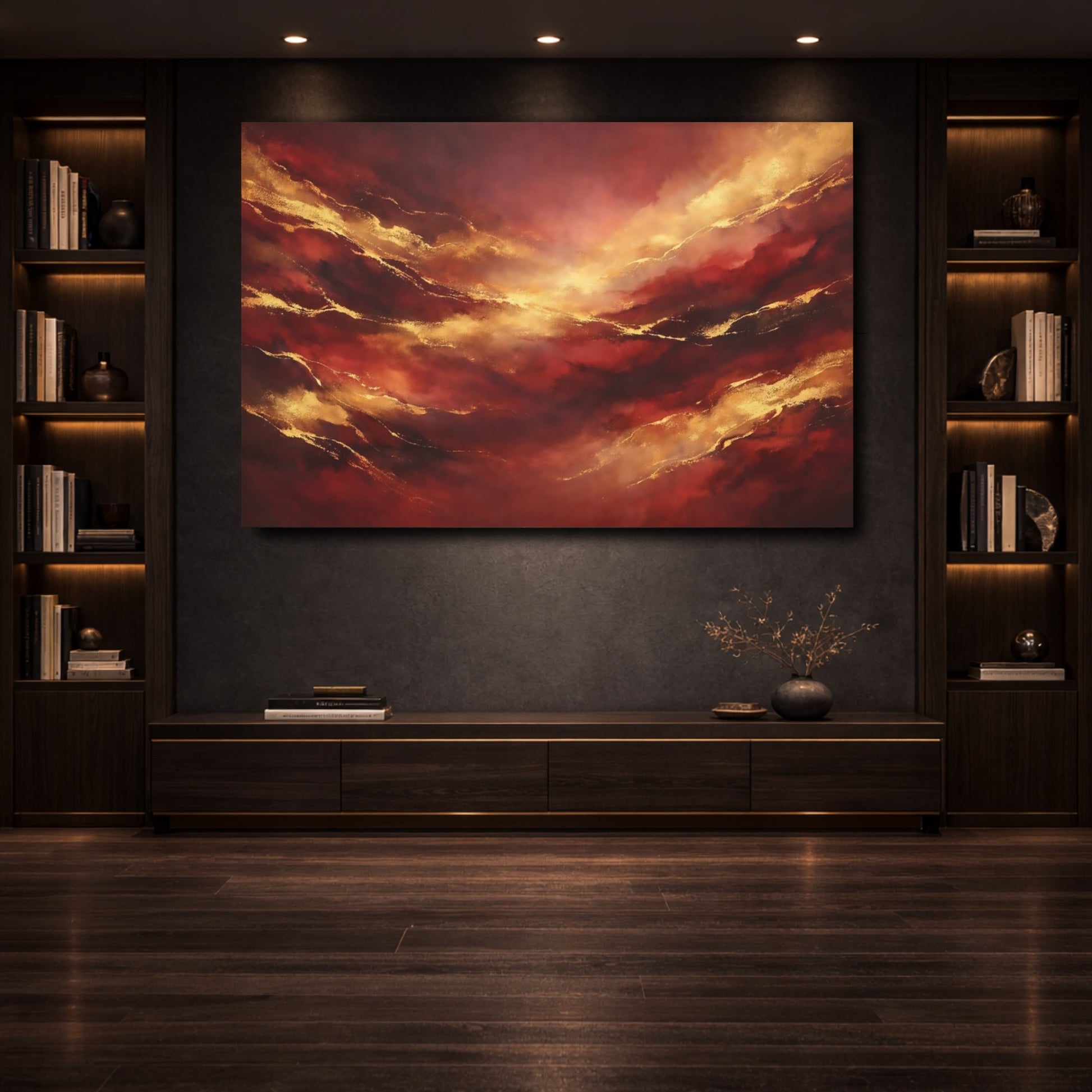 Mockup 3. Abstract Abstract Flow Red Gold Abstract shown as stretched canvas wall art