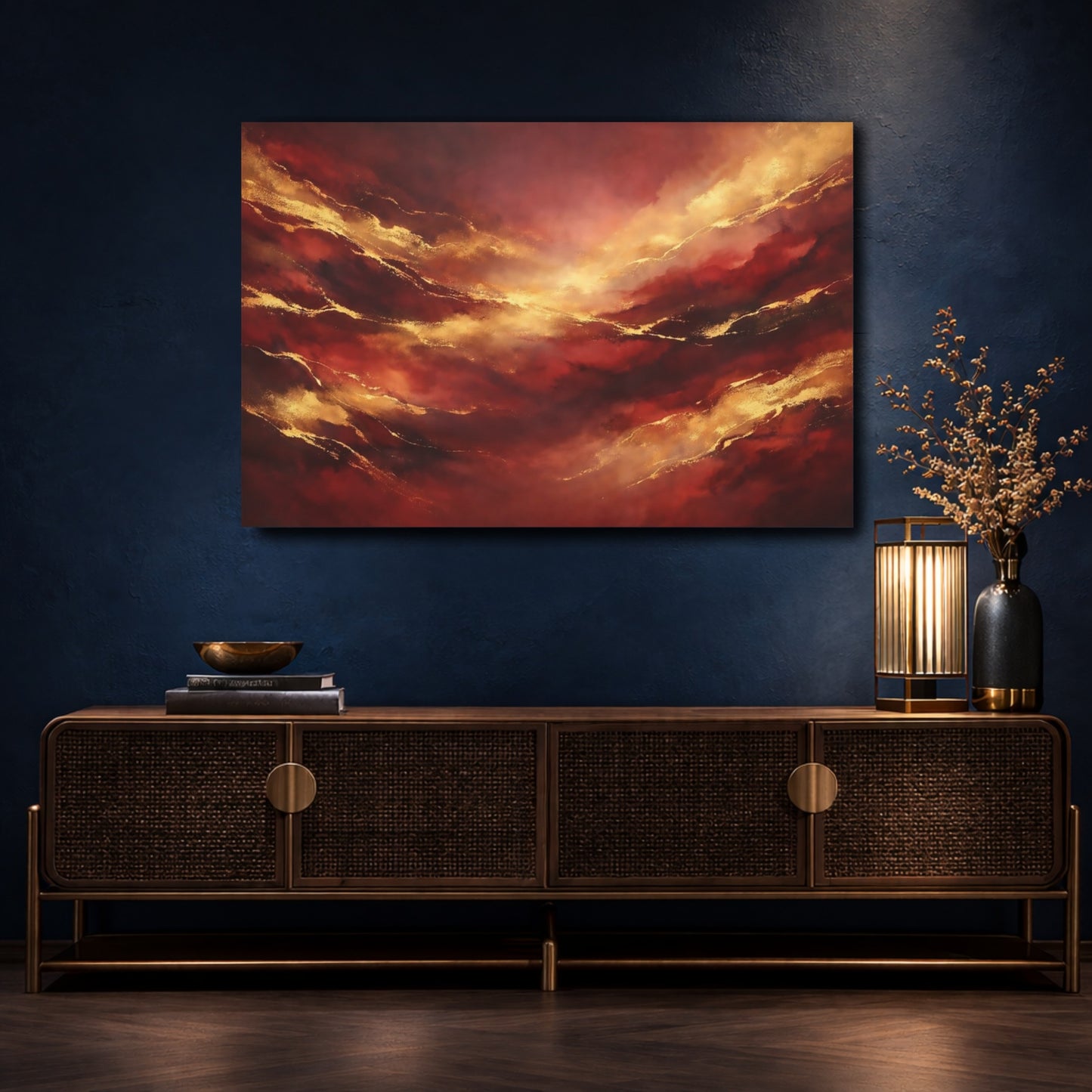 Mockup 4. Abstract Abstract Flow Red Gold Abstract shown as stretched canvas wall art