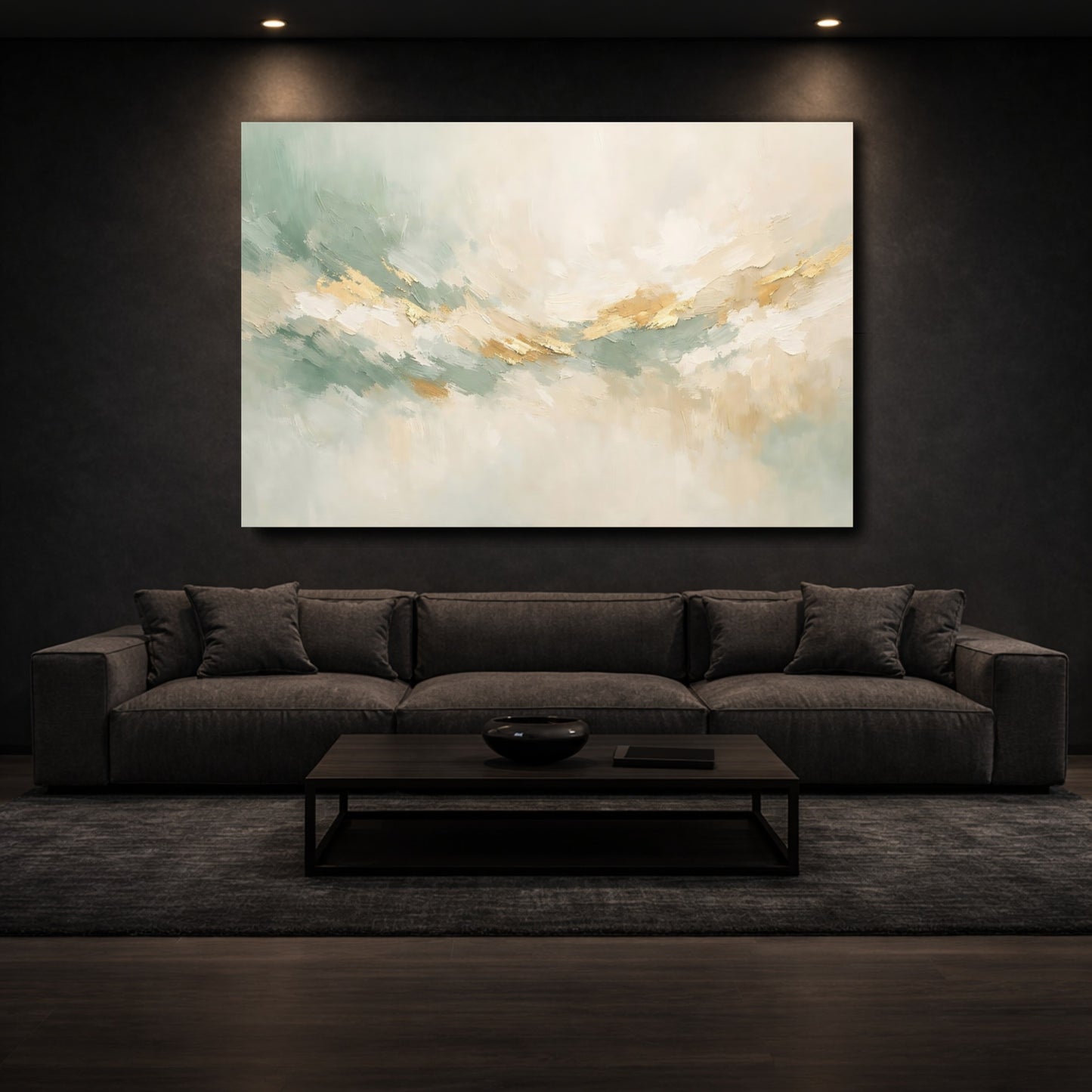 Mockup 2. Abstract Abstract Flow Sage Gold Abstract shown as stretched canvas wall art