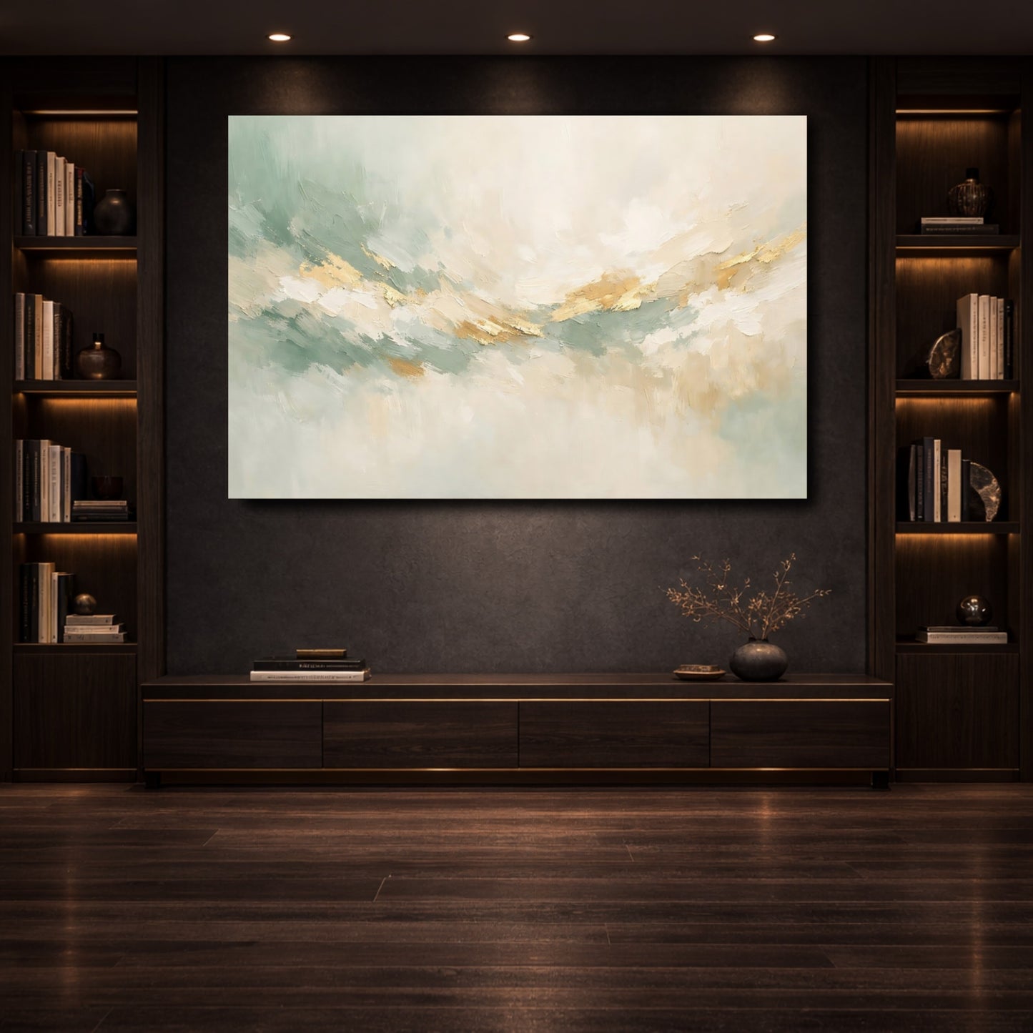 Mockup 3. Abstract Abstract Flow Sage Gold Abstract shown as stretched canvas wall art