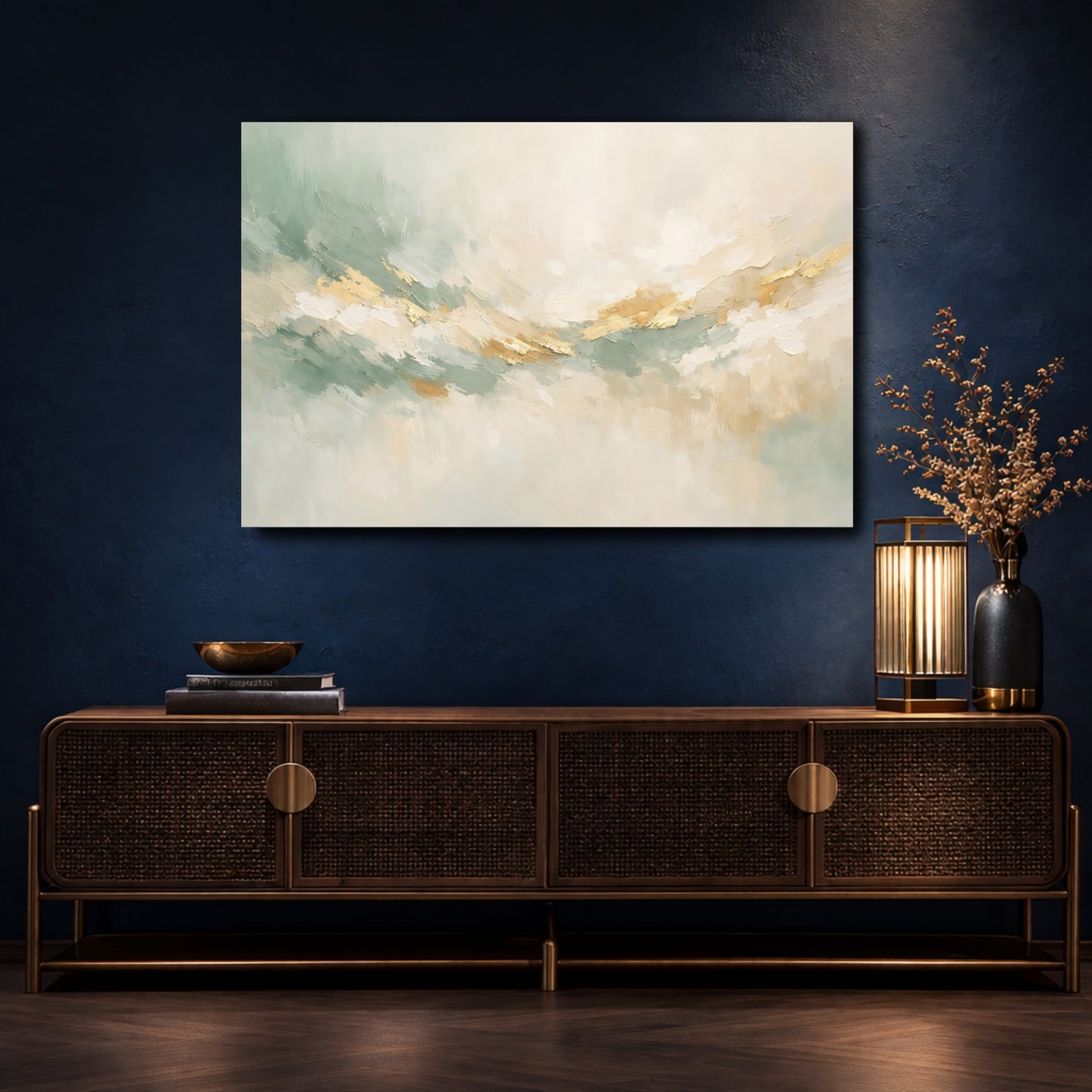 Mockup 4. Abstract Abstract Flow Sage Gold Abstract shown as stretched canvas wall art