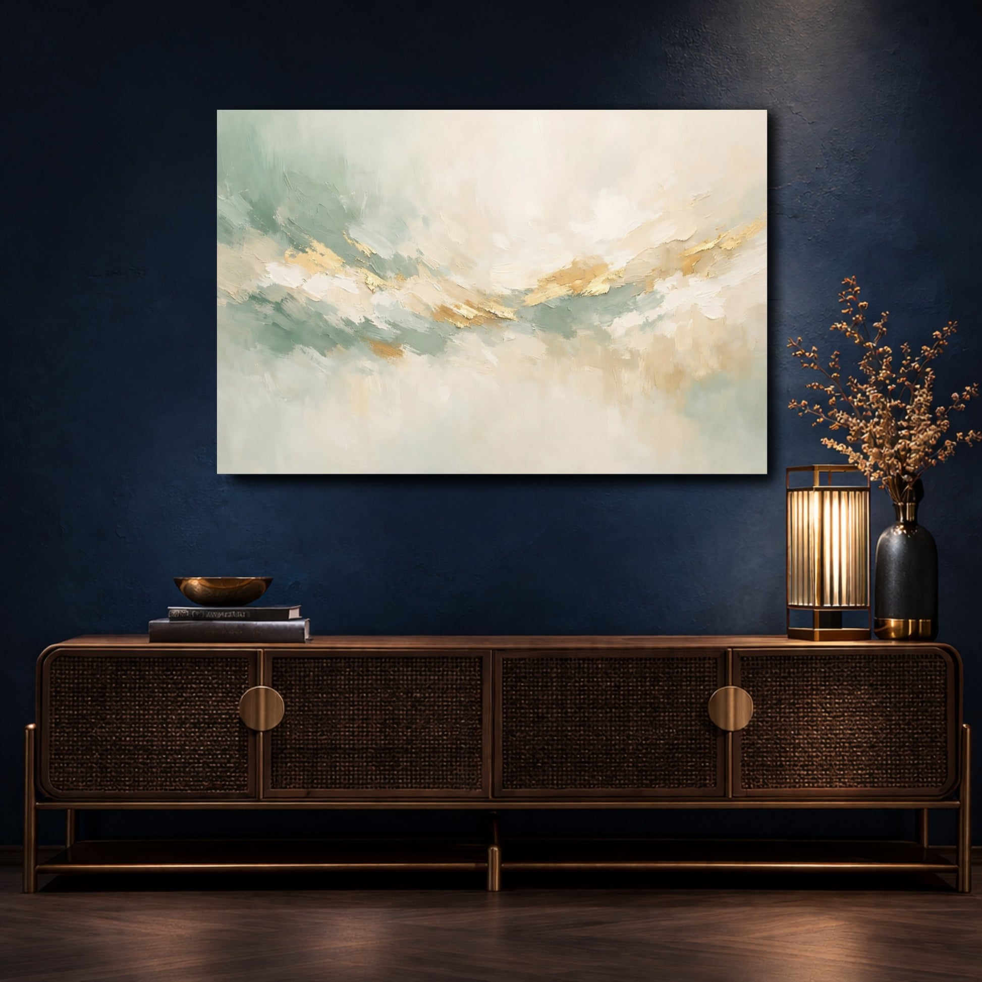 Mockup 4. Abstract Abstract Flow Sage Gold Abstract shown as stretched canvas wall art