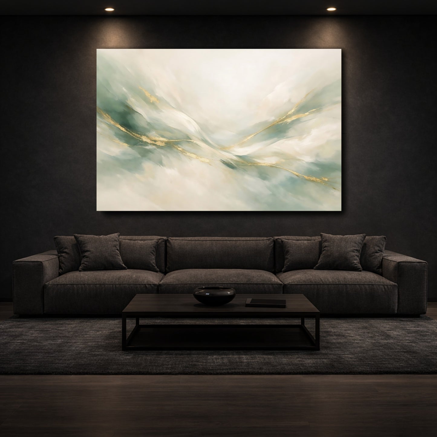 Mockup 2. Abstract Abstract Flow Sage Green Gold shown as stretched canvas wall art