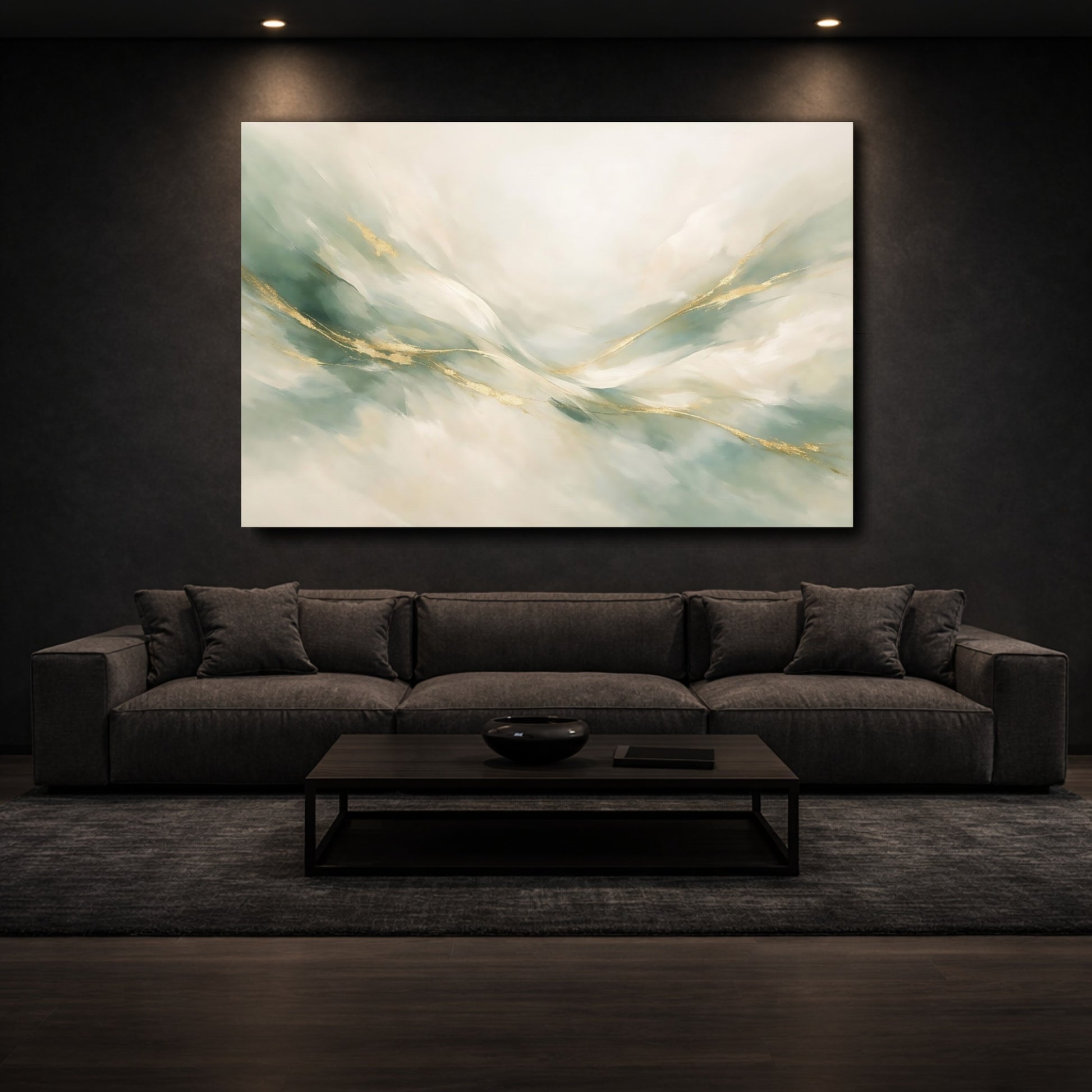 Mockup 2. Abstract Abstract Flow Sage Green Gold shown as stretched canvas wall art