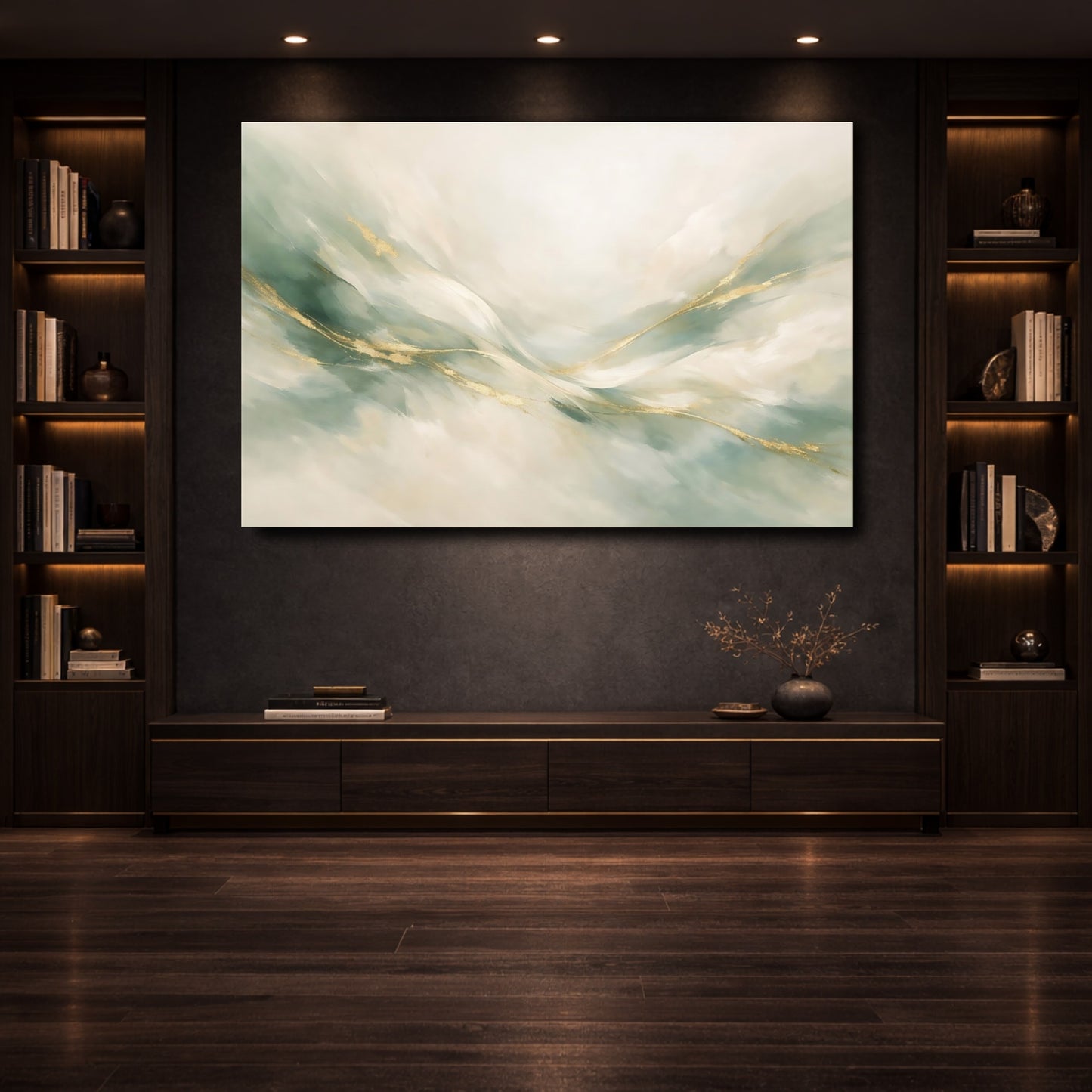 Mockup 3. Abstract Abstract Flow Sage Green Gold shown as stretched canvas wall art