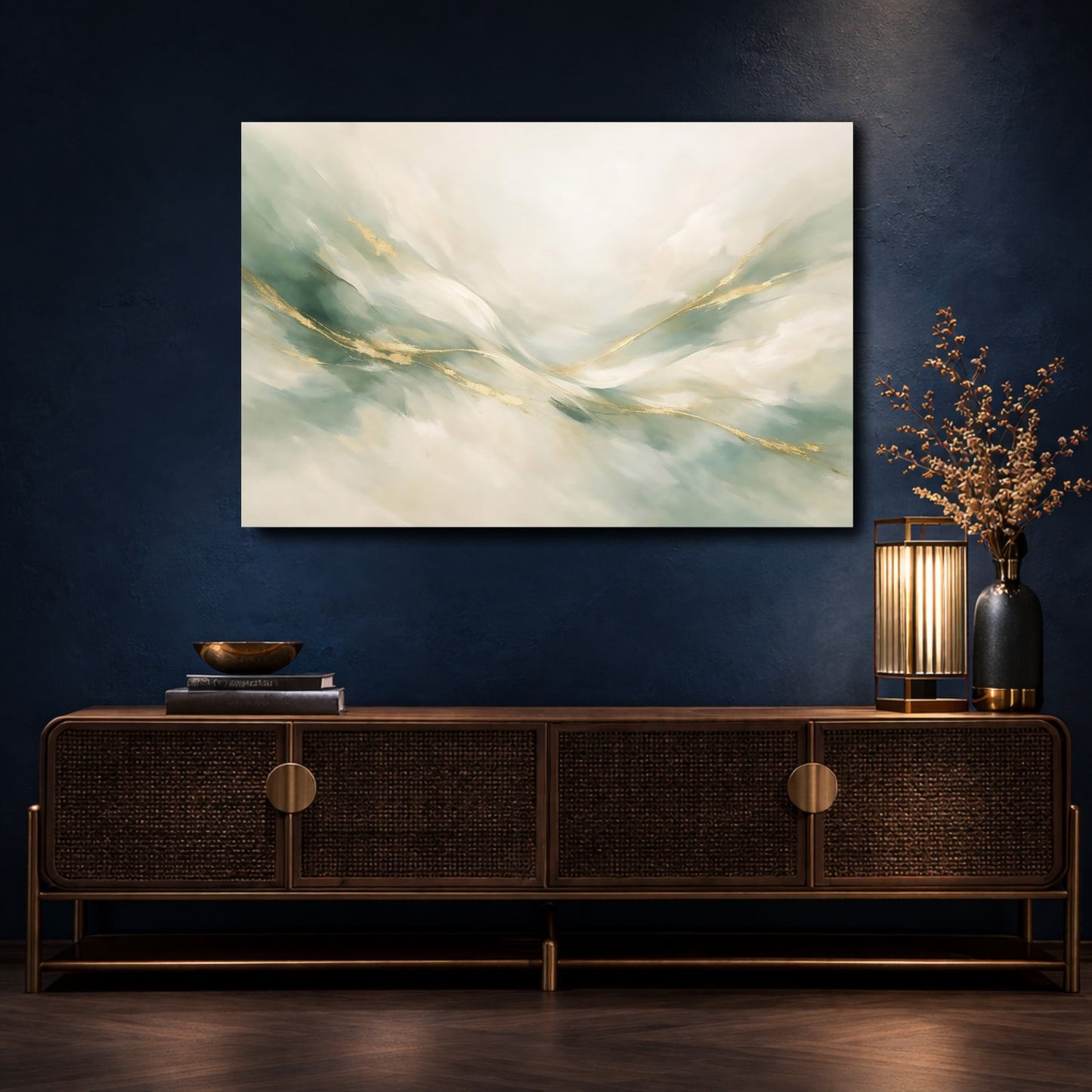Mockup 4. Abstract Abstract Flow Sage Green Gold shown as stretched canvas wall art