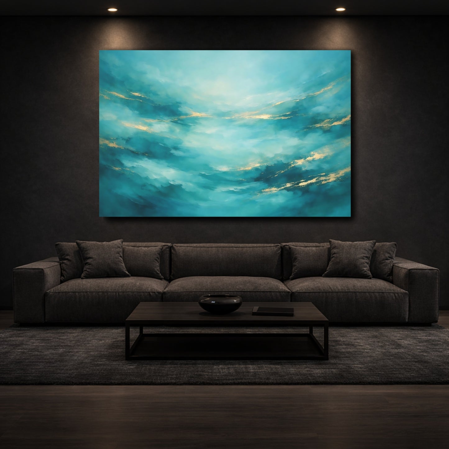 Mockup 2. Abstract Abstract Flow Teal And Gold Abstract shown as stretched canvas wall art