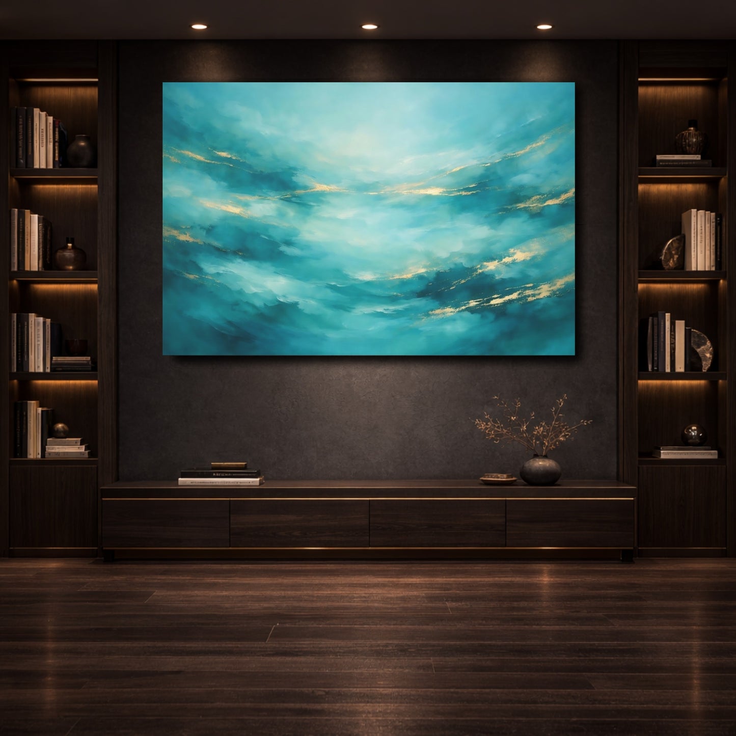 Mockup 3. Abstract Abstract Flow Teal And Gold Abstract shown as stretched canvas wall art
