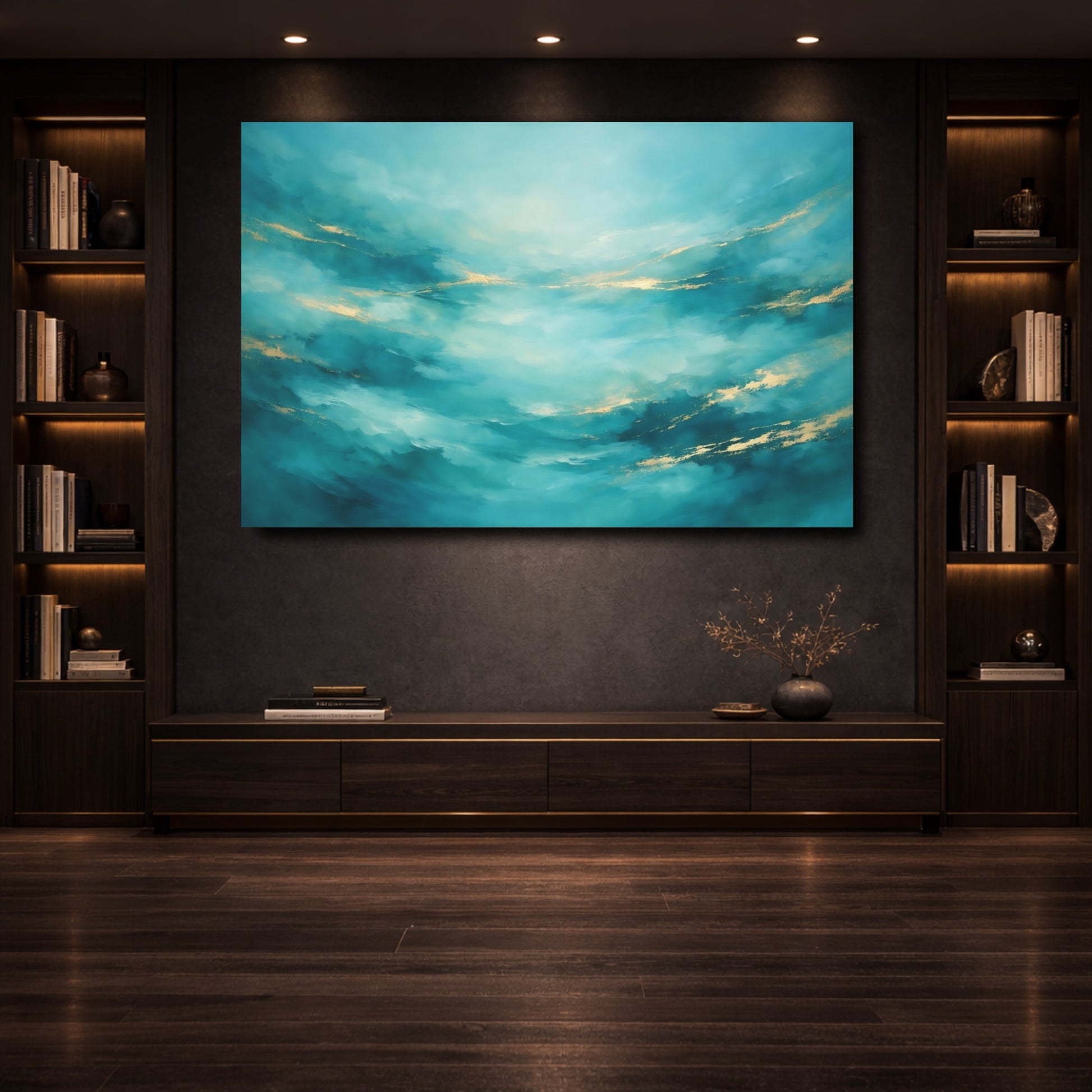Mockup 3. Abstract Abstract Flow Teal And Gold Abstract shown as stretched canvas wall art