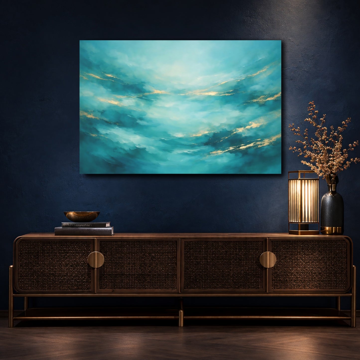 Mockup 4. Abstract Abstract Flow Teal And Gold Abstract shown as stretched canvas wall art