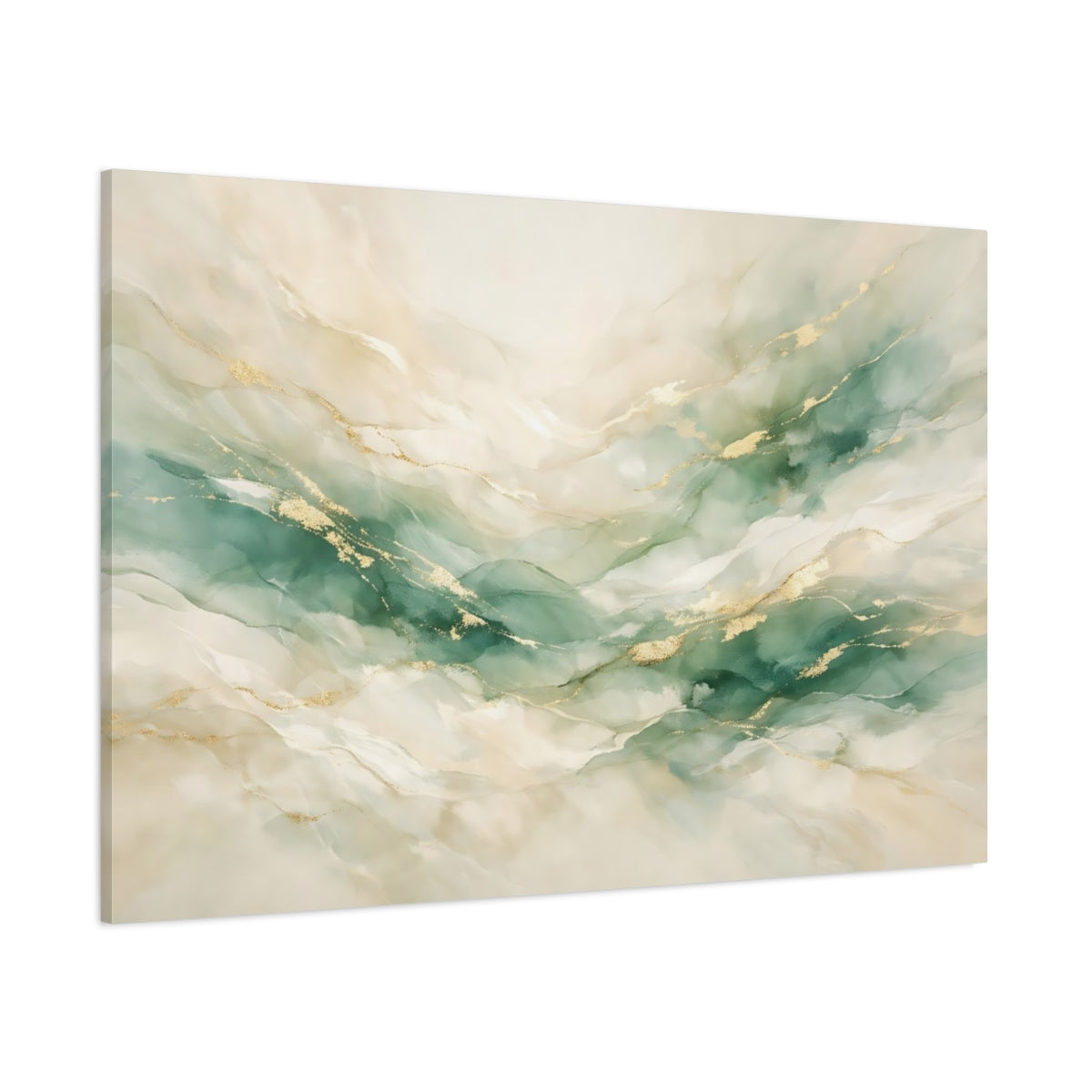 Main Mockup. Abstract Abstract Flow Teal And Gold shown as stretched canvas wall art