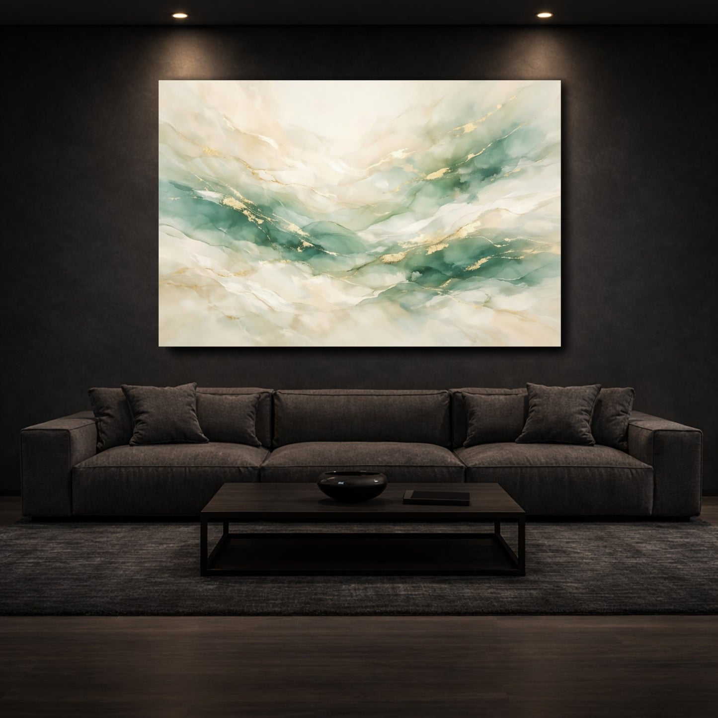 Mockup 2. Abstract Abstract Flow Teal And Gold shown as stretched canvas wall art