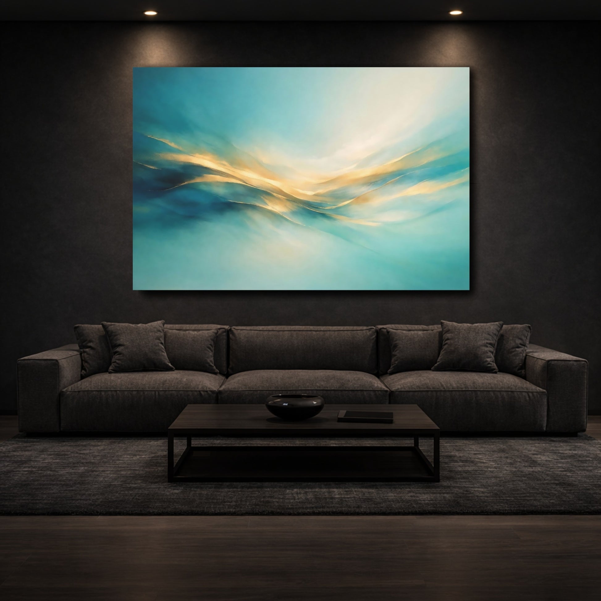 Mockup 2. Abstract Abstract Flow Teal And Gold shown as stretched canvas wall art