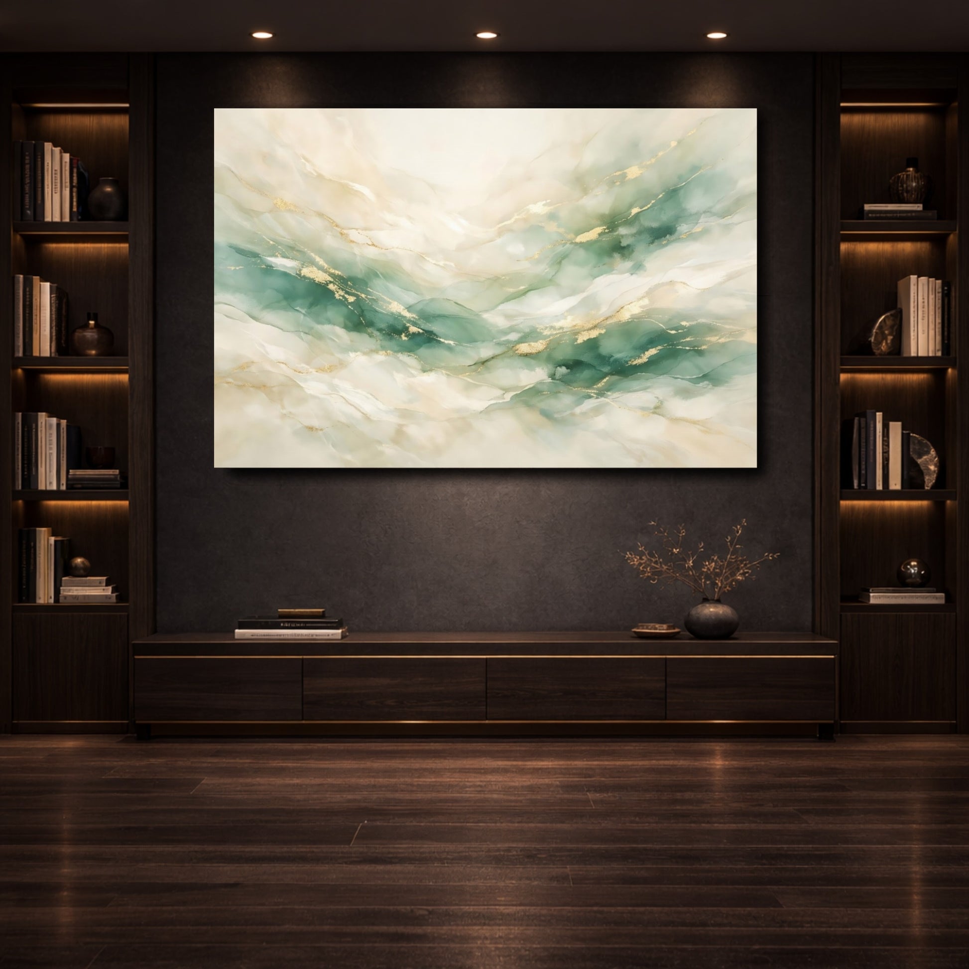 Mockup 3. Abstract Abstract Flow Teal And Gold shown as stretched canvas wall art