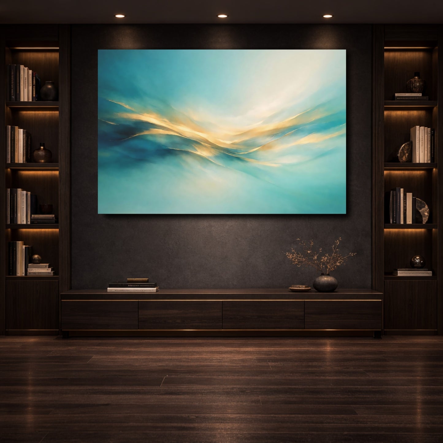 Mockup 3. Abstract Abstract Flow Teal And Gold shown as stretched canvas wall art