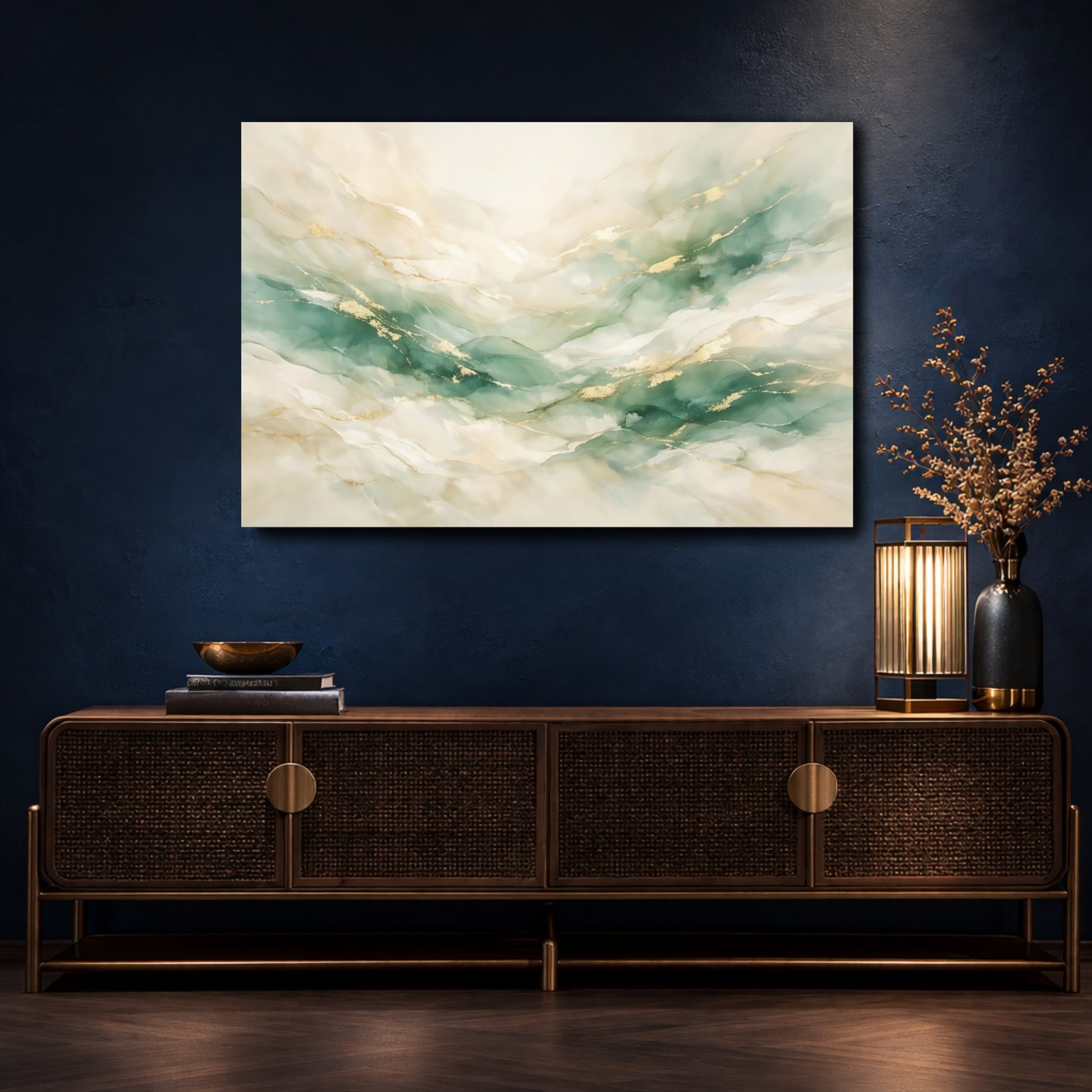 Mockup 4. Abstract Abstract Flow Teal And Gold shown as stretched canvas wall art