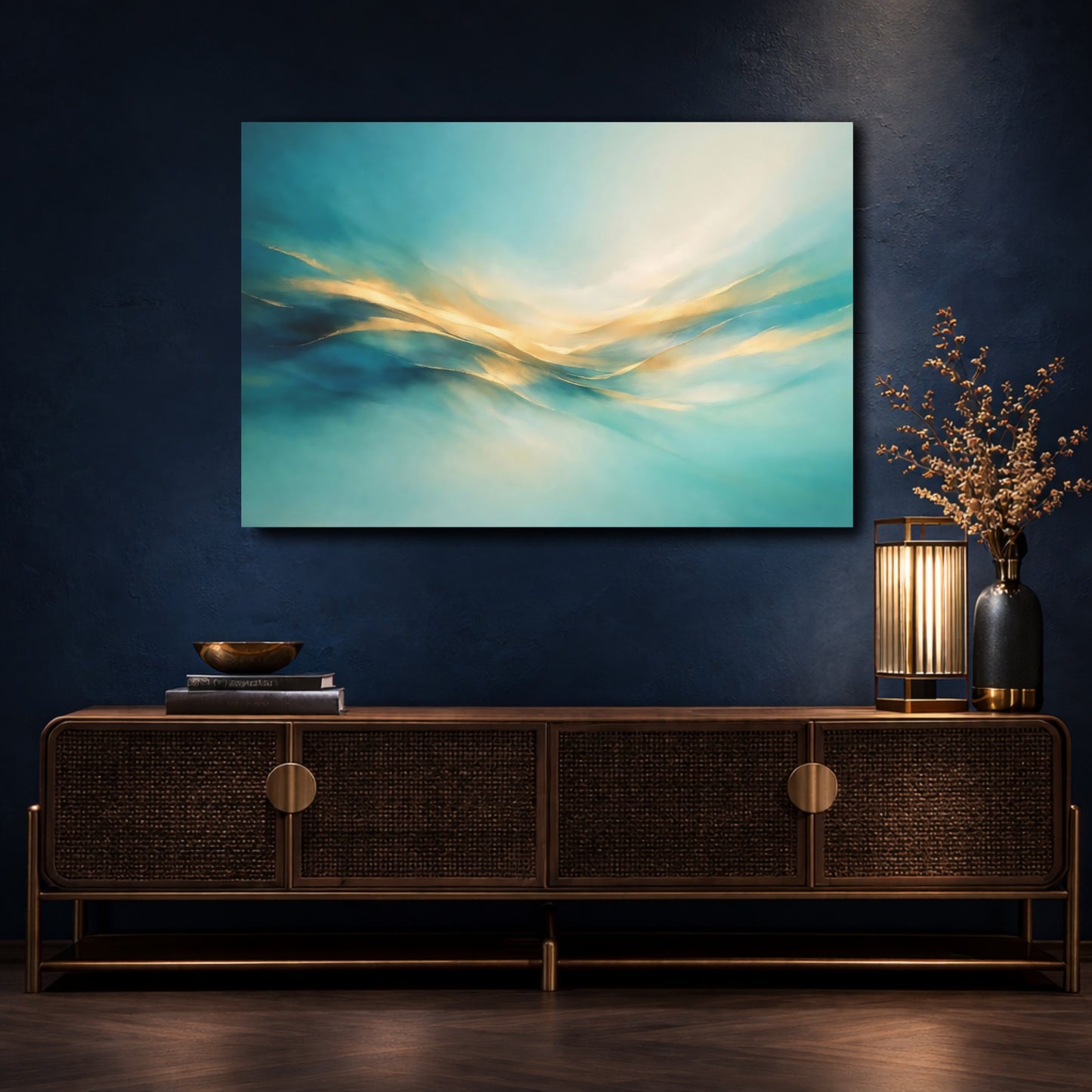 Mockup 4. Abstract Abstract Flow Teal And Gold shown as stretched canvas wall art