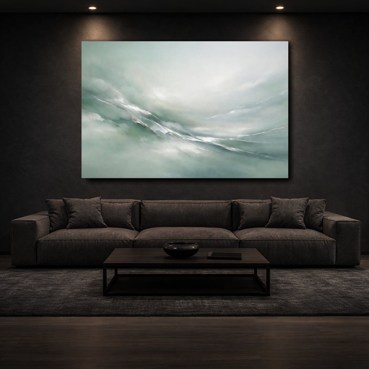 Mockup 2. Abstract Abstract Flow Teal And Silver shown as stretched canvas wall art