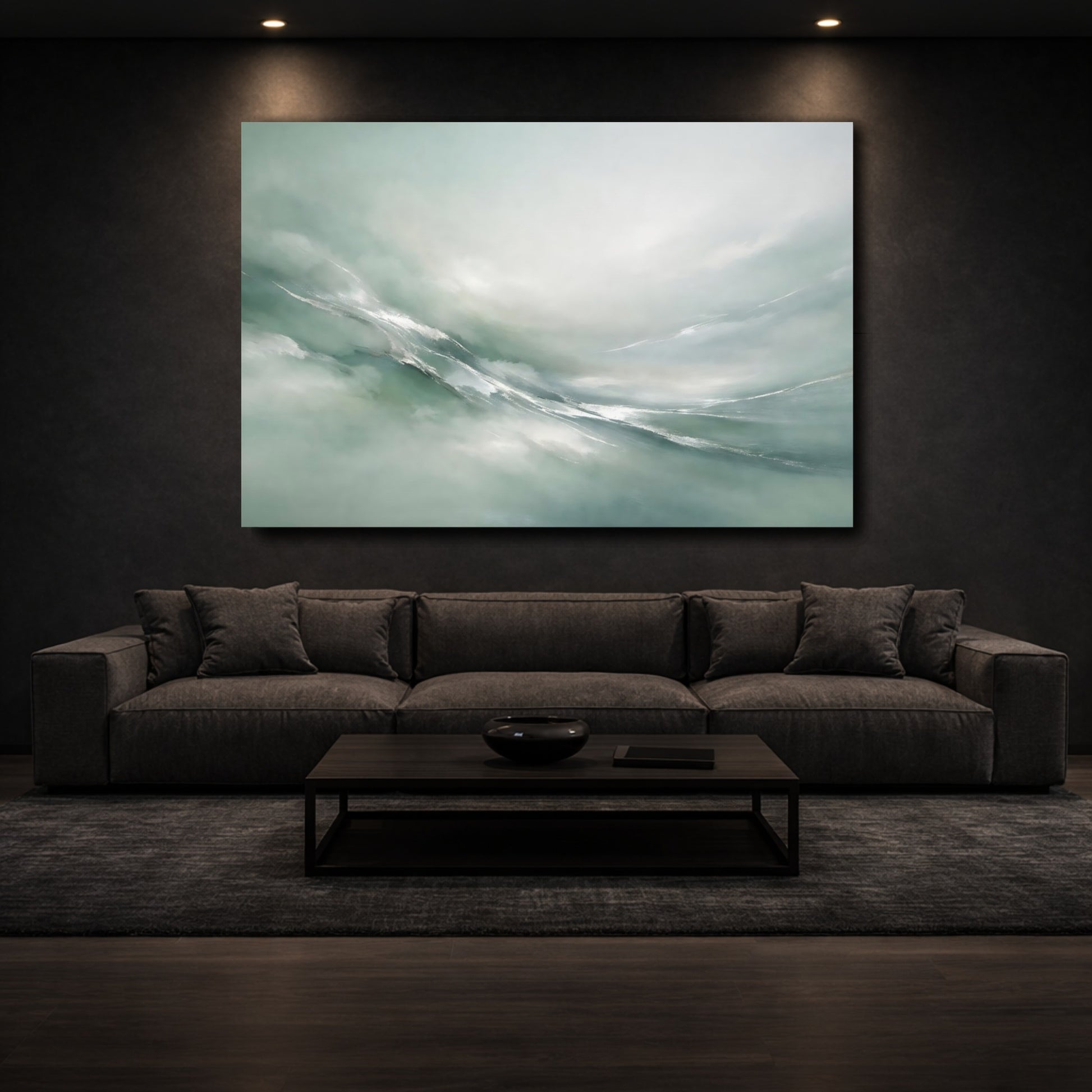 Mockup 2. Abstract Abstract Flow Teal And Silver shown as stretched canvas wall art