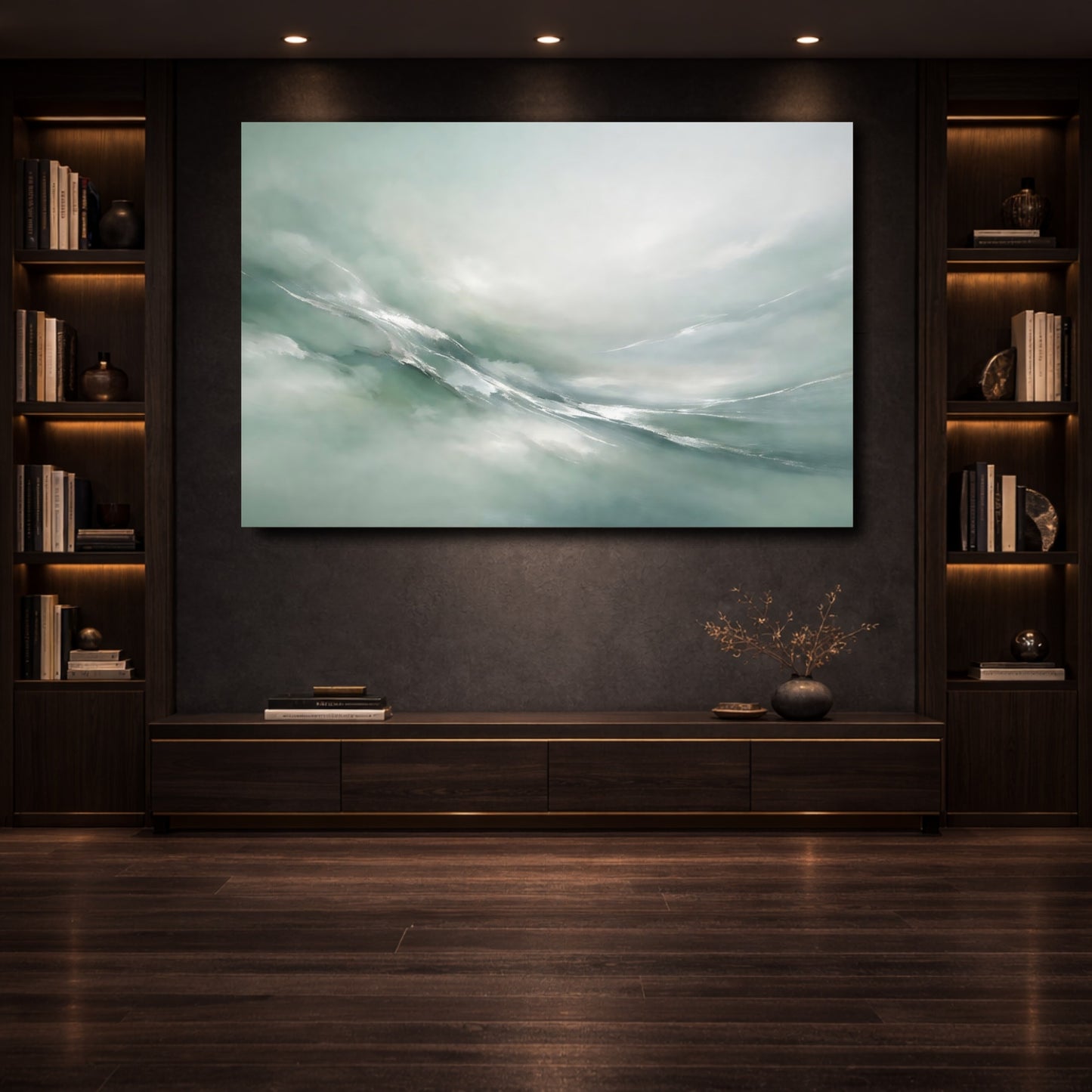 Mockup 3. Abstract Abstract Flow Teal And Silver shown as stretched canvas wall art