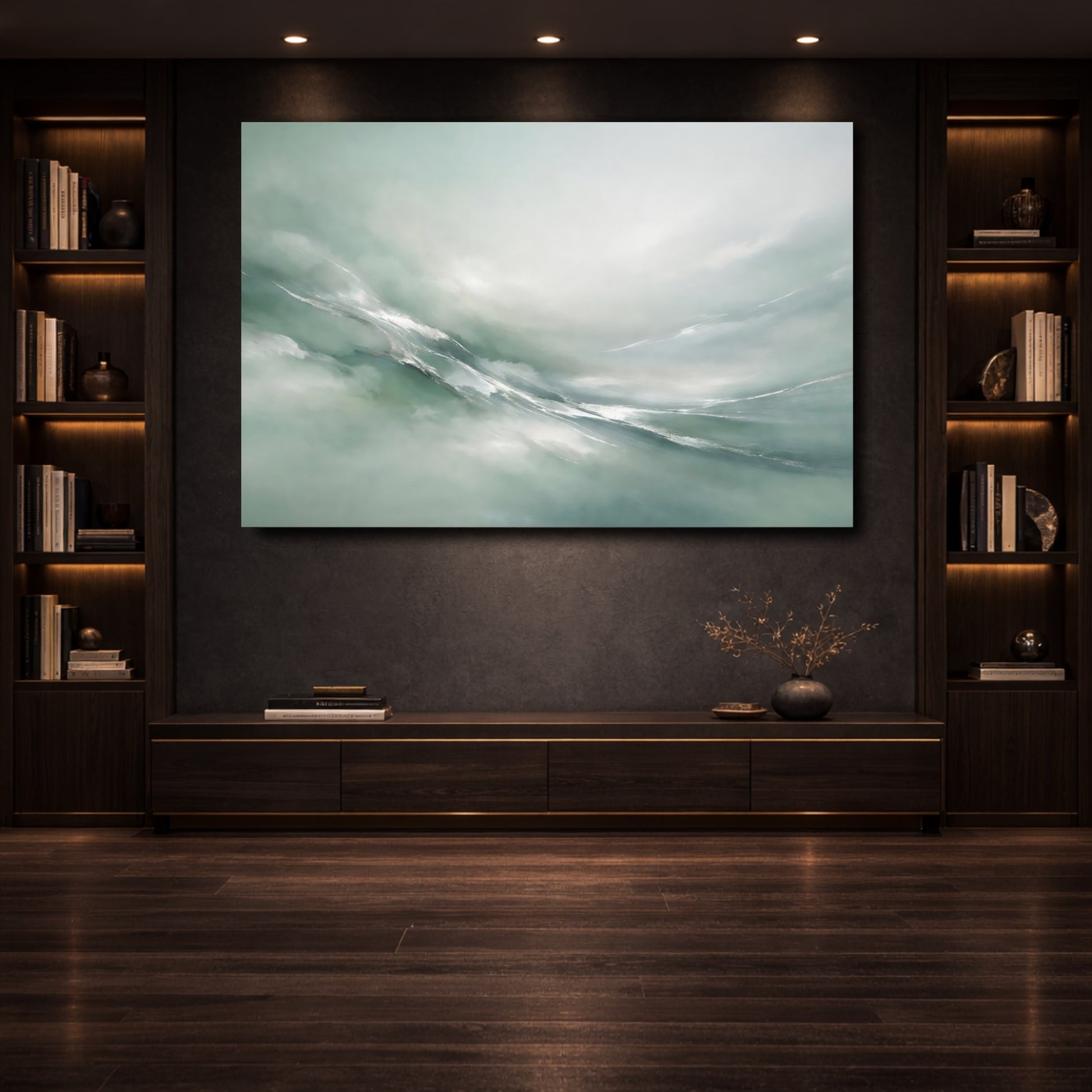 Mockup 3. Abstract Abstract Flow Teal And Silver shown as stretched canvas wall art