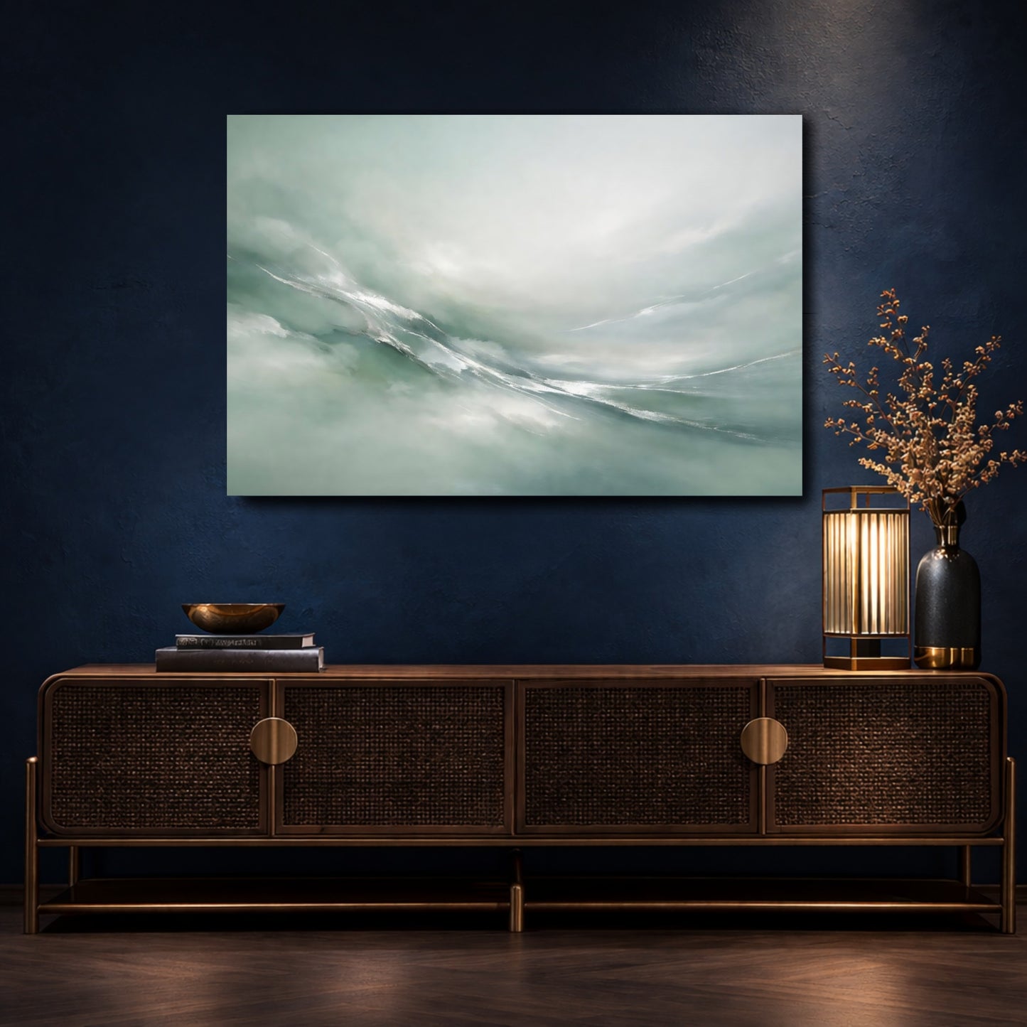 Mockup 4. Abstract Abstract Flow Teal And Silver shown as stretched canvas wall art
