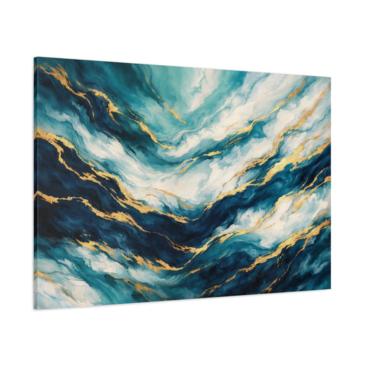 Main Mockup. Abstract Abstract Flow Teal Gold Abstract shown as stretched canvas wall art