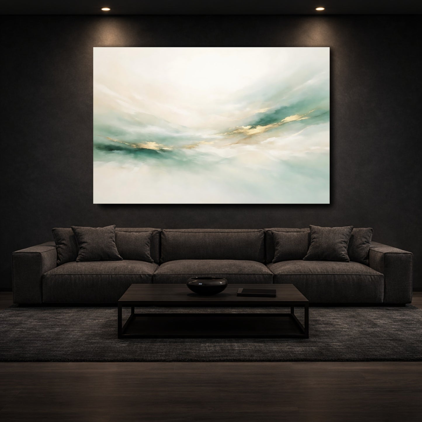 Mockup 2. Abstract Abstract Flow Teal Gold Abstract shown as stretched canvas wall art