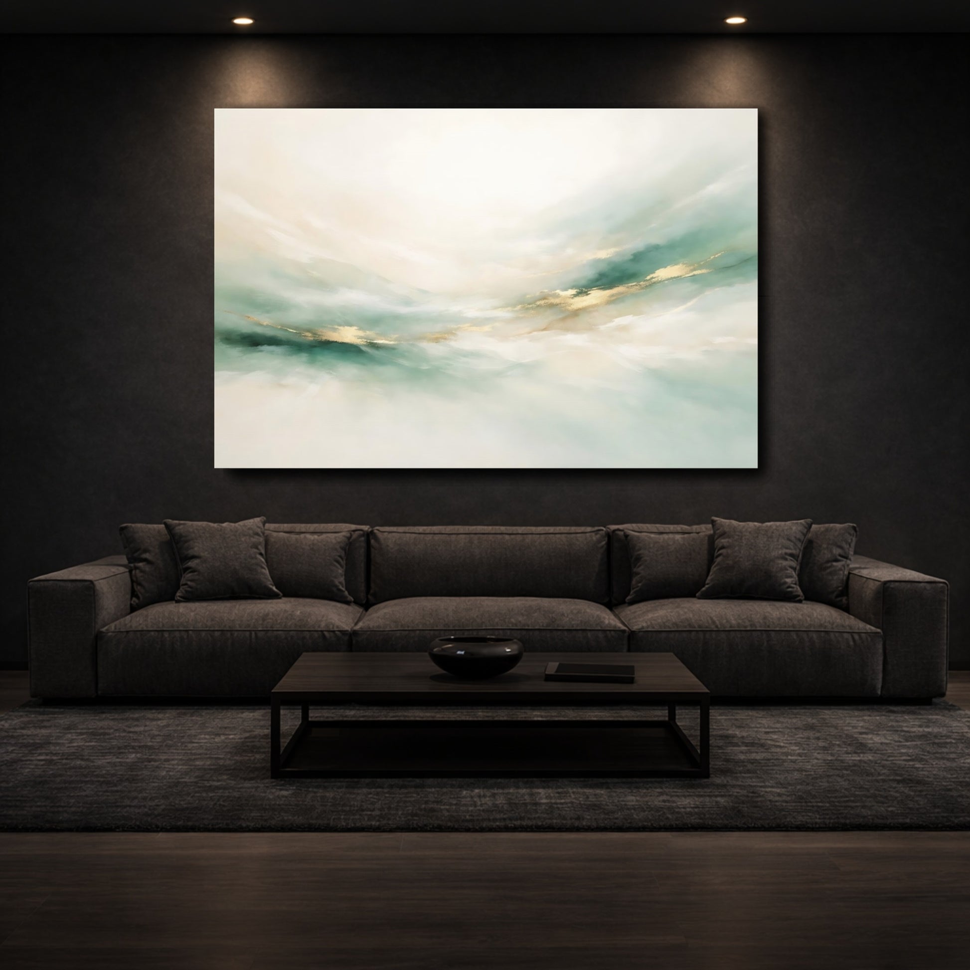 Mockup 2. Abstract Abstract Flow Teal Gold Abstract shown as stretched canvas wall art