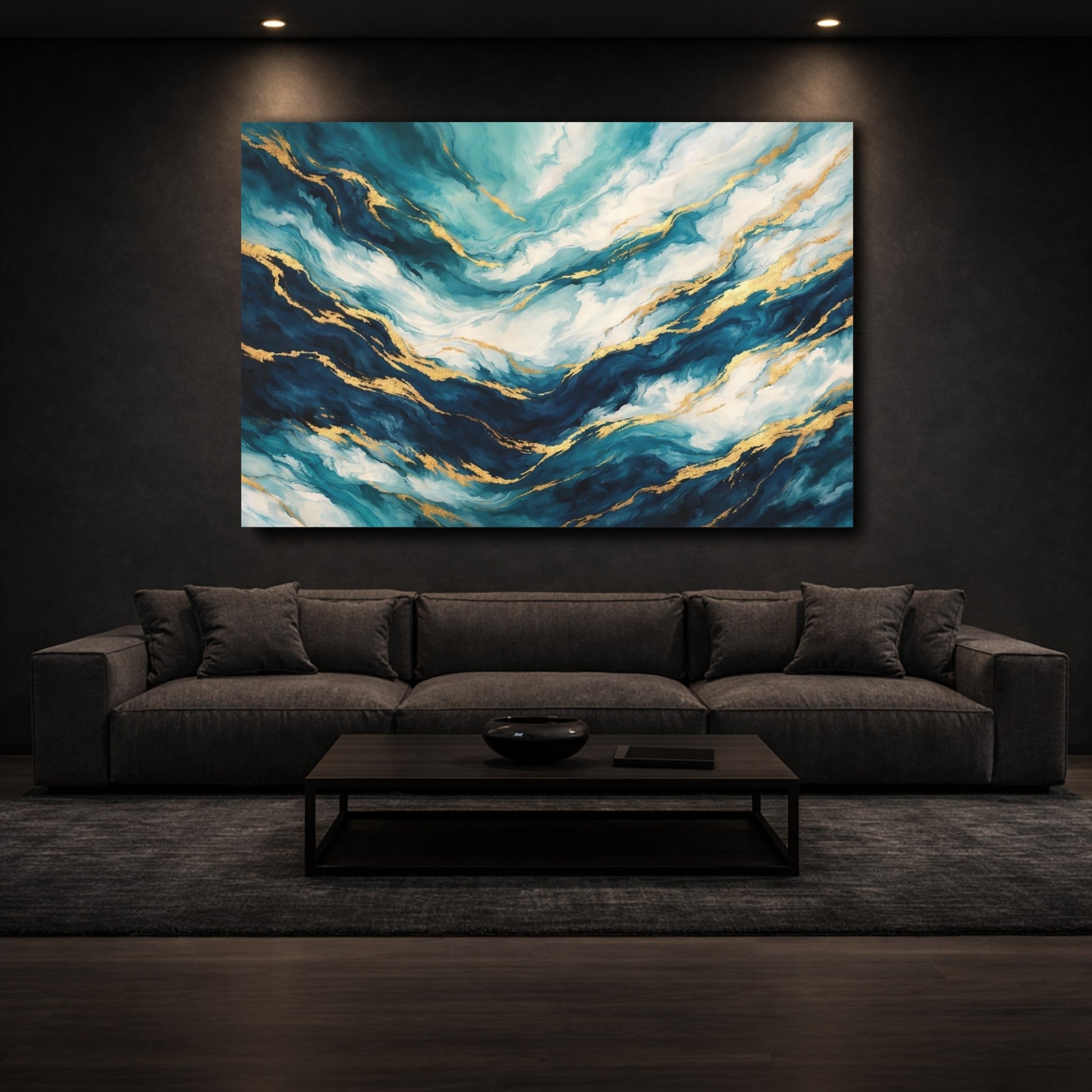 Mockup 2. Abstract Abstract Flow Teal Gold Abstract shown as stretched canvas wall art