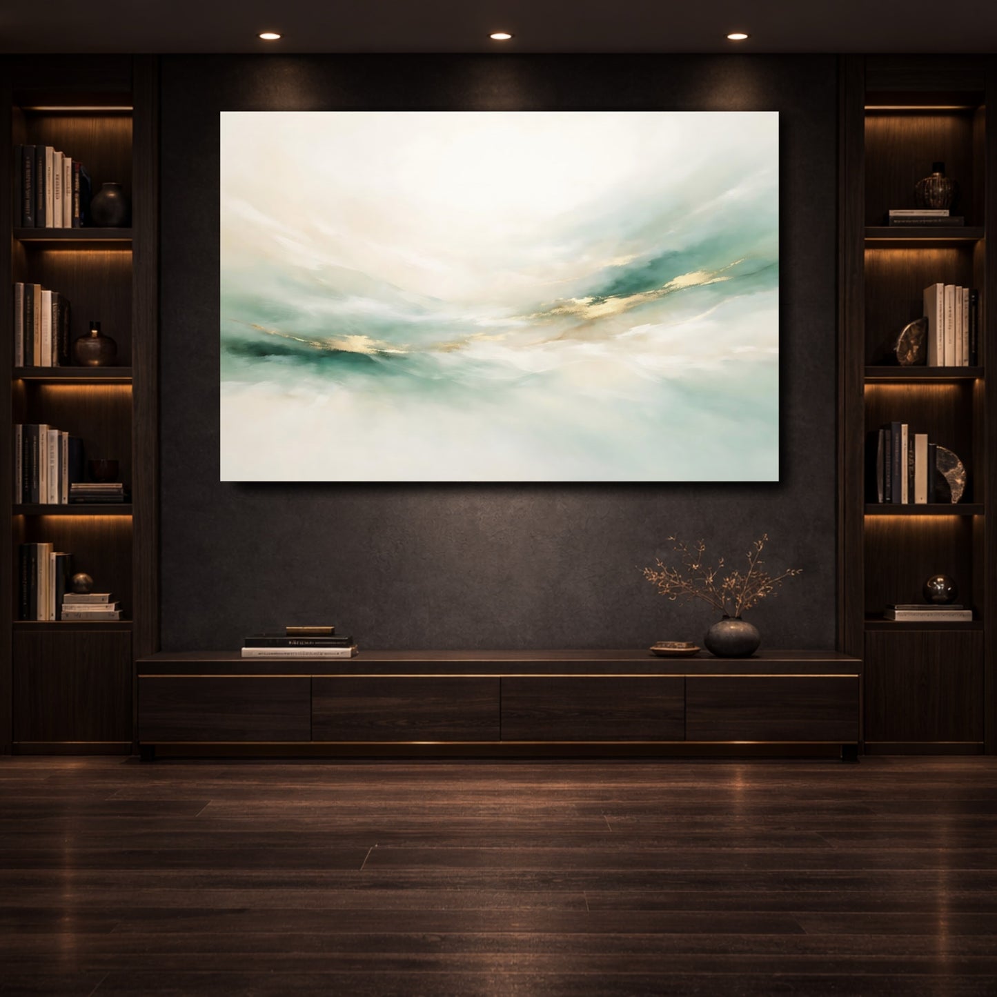 Mockup 3. Abstract Abstract Flow Teal Gold Abstract shown as stretched canvas wall art