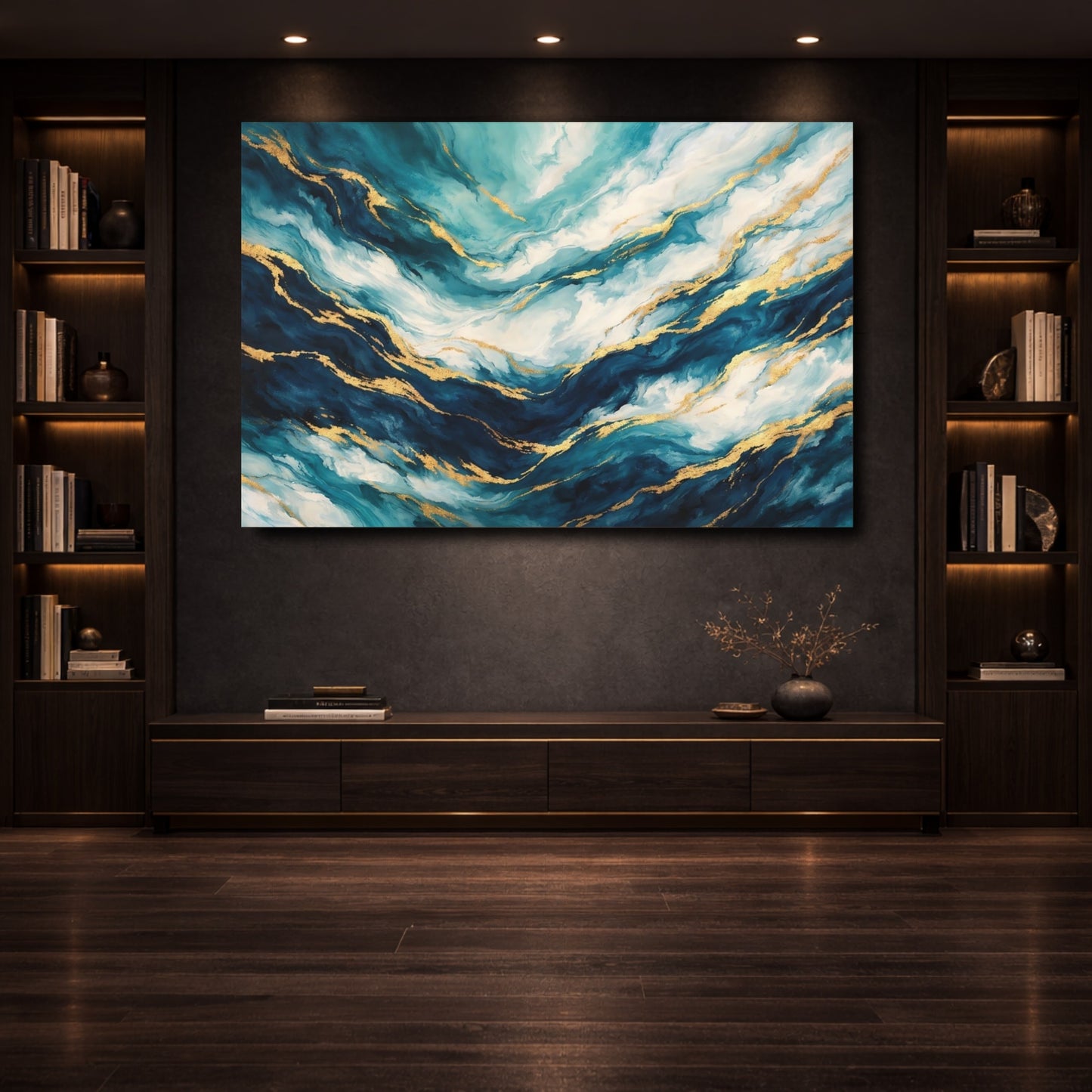 Mockup 3. Abstract Abstract Flow Teal Gold Abstract shown as stretched canvas wall art