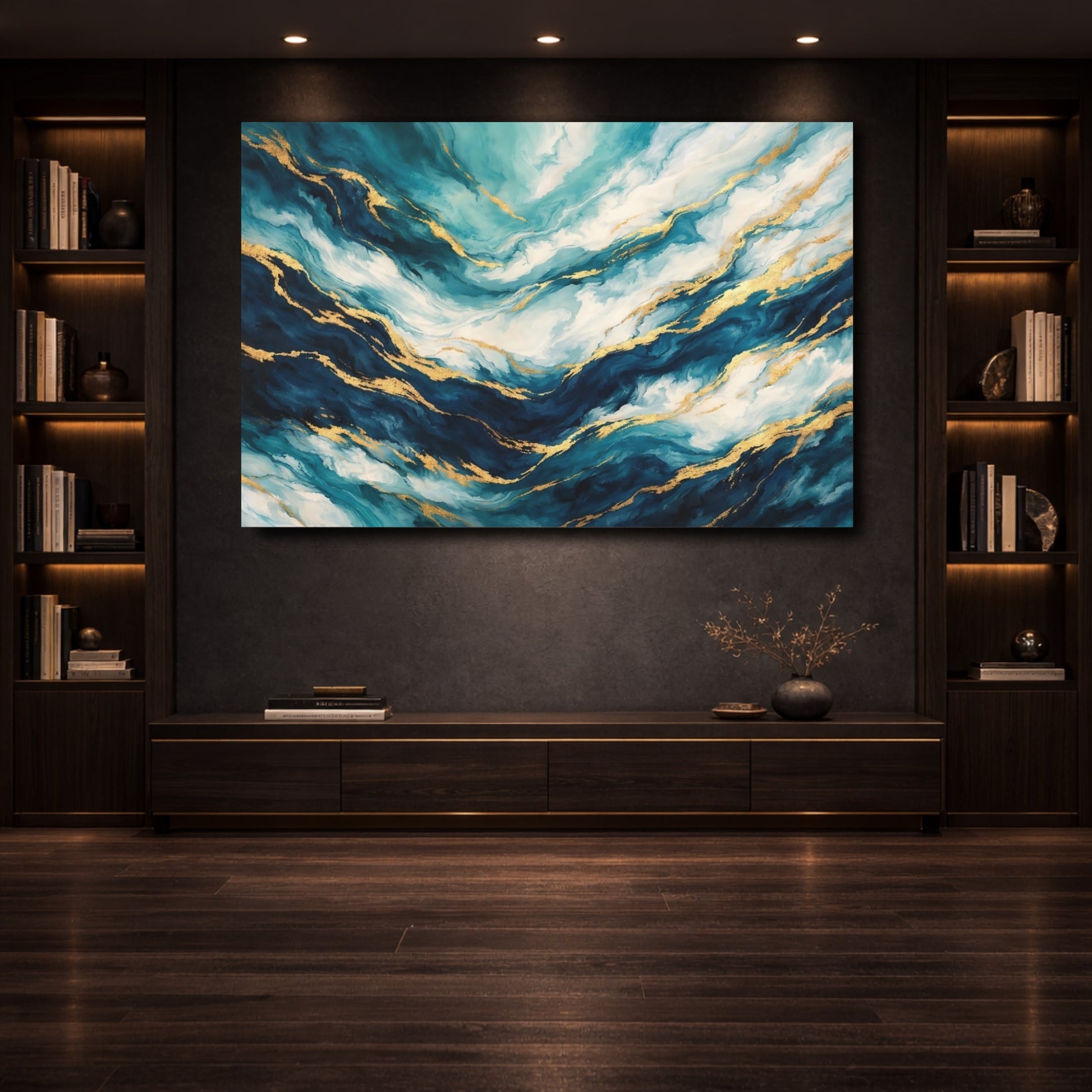 Mockup 3. Abstract Abstract Flow Teal Gold Abstract shown as stretched canvas wall art