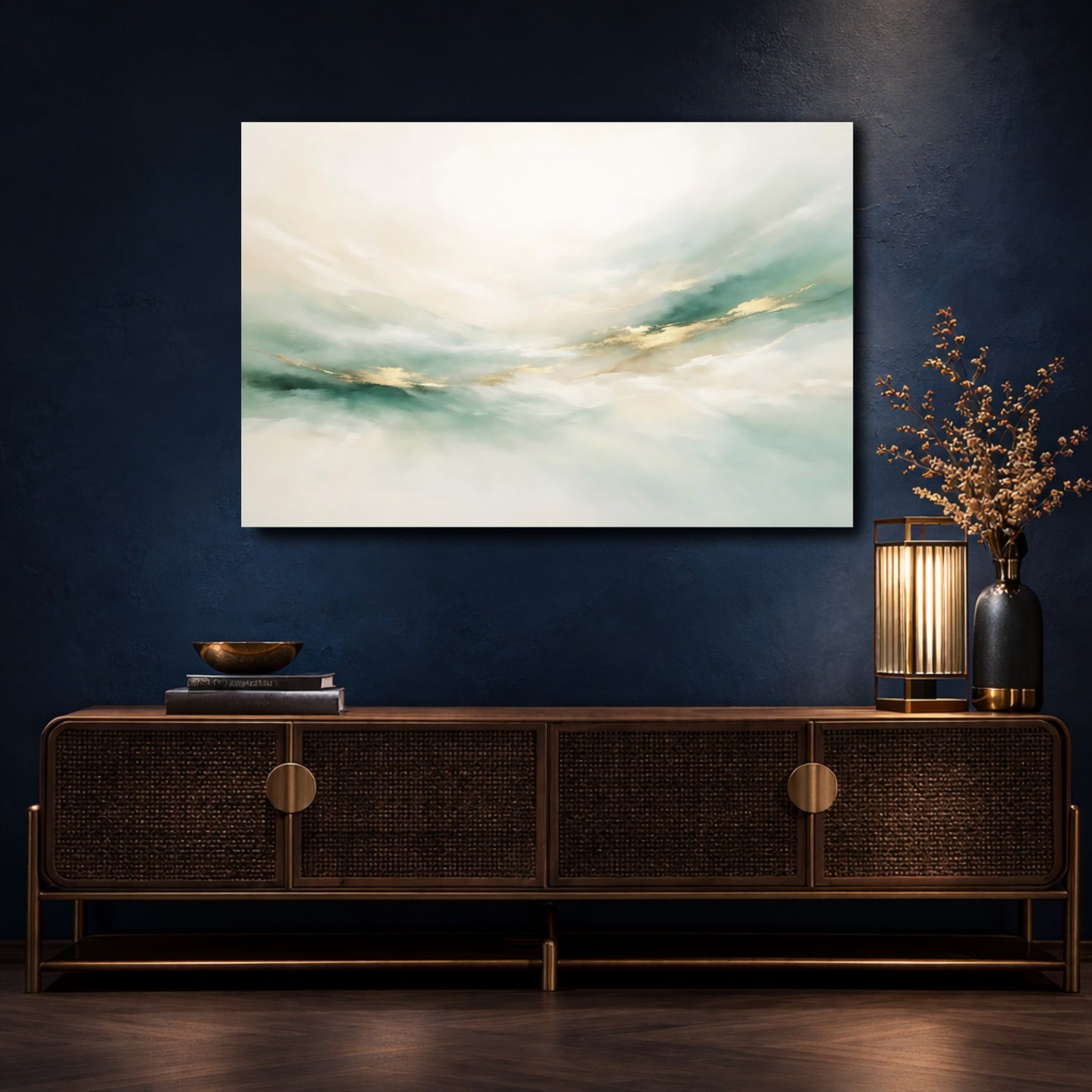 Mockup 4. Abstract Abstract Flow Teal Gold Abstract shown as stretched canvas wall art