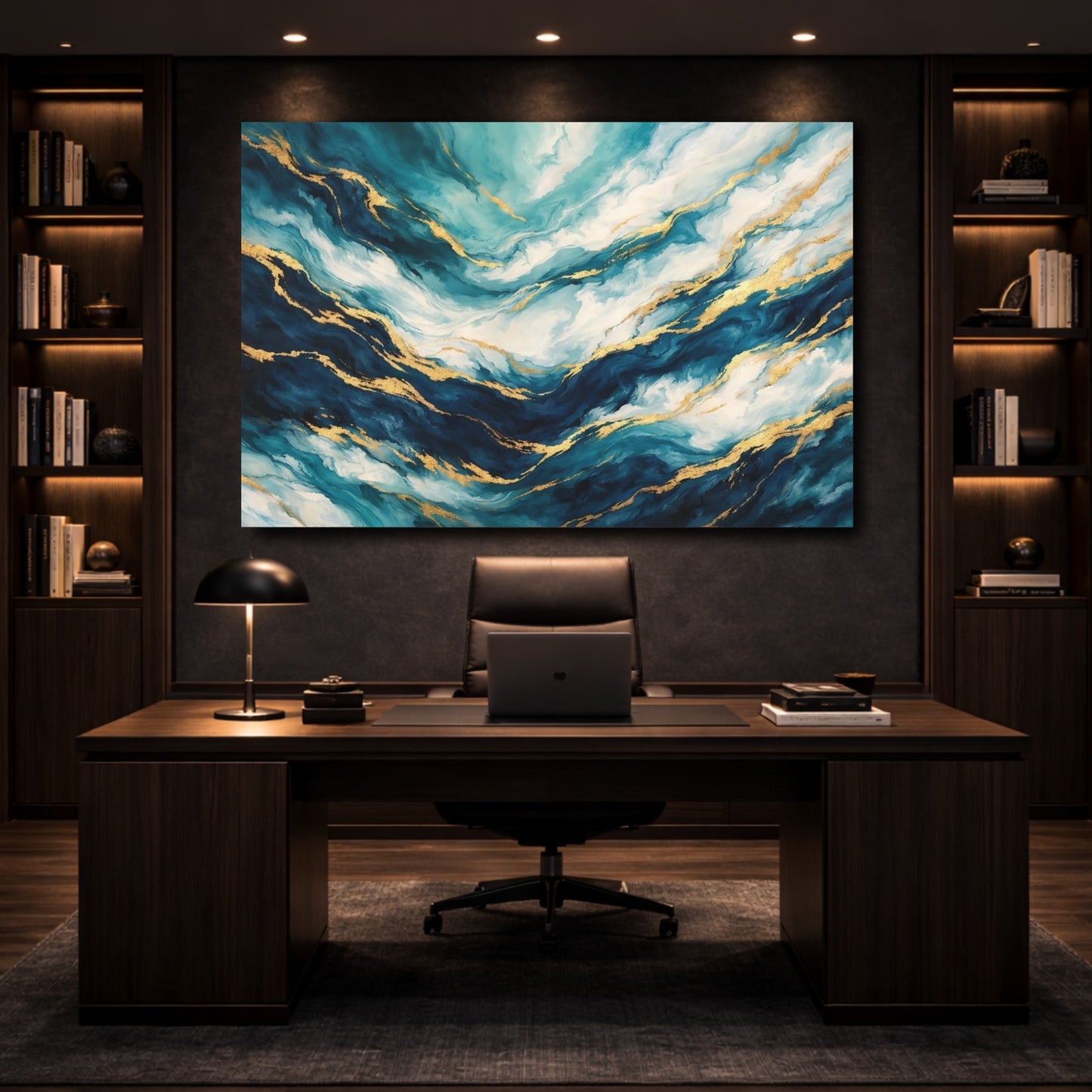 Mockup 4. Abstract Abstract Flow Teal Gold Abstract shown as stretched canvas wall art