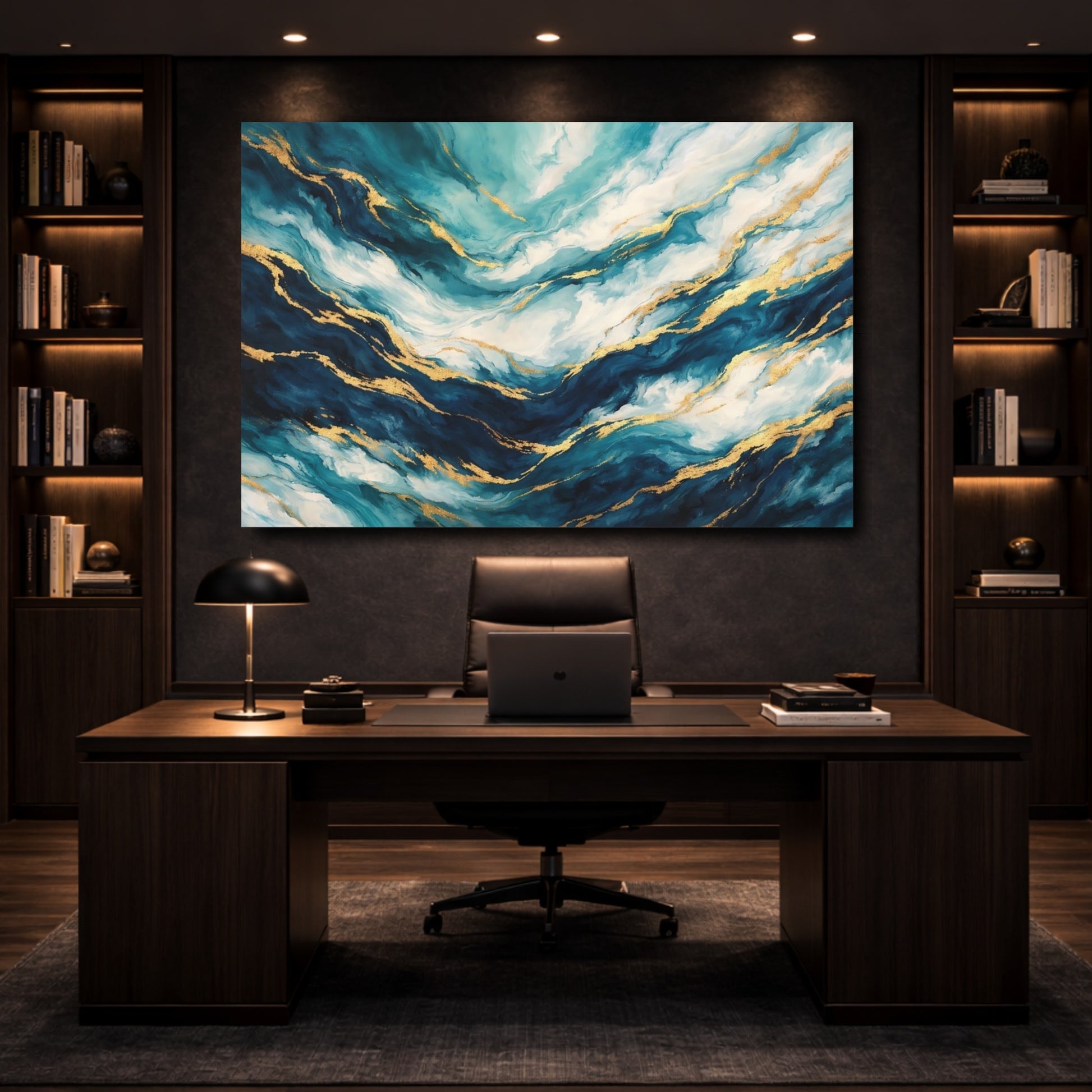 Mockup 4. Abstract Abstract Flow Teal Gold Abstract shown as stretched canvas wall art