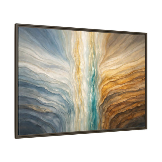 Main Mockup. Abstract Abstract Flow Teal Gold Flow shown as stretched canvas wall art