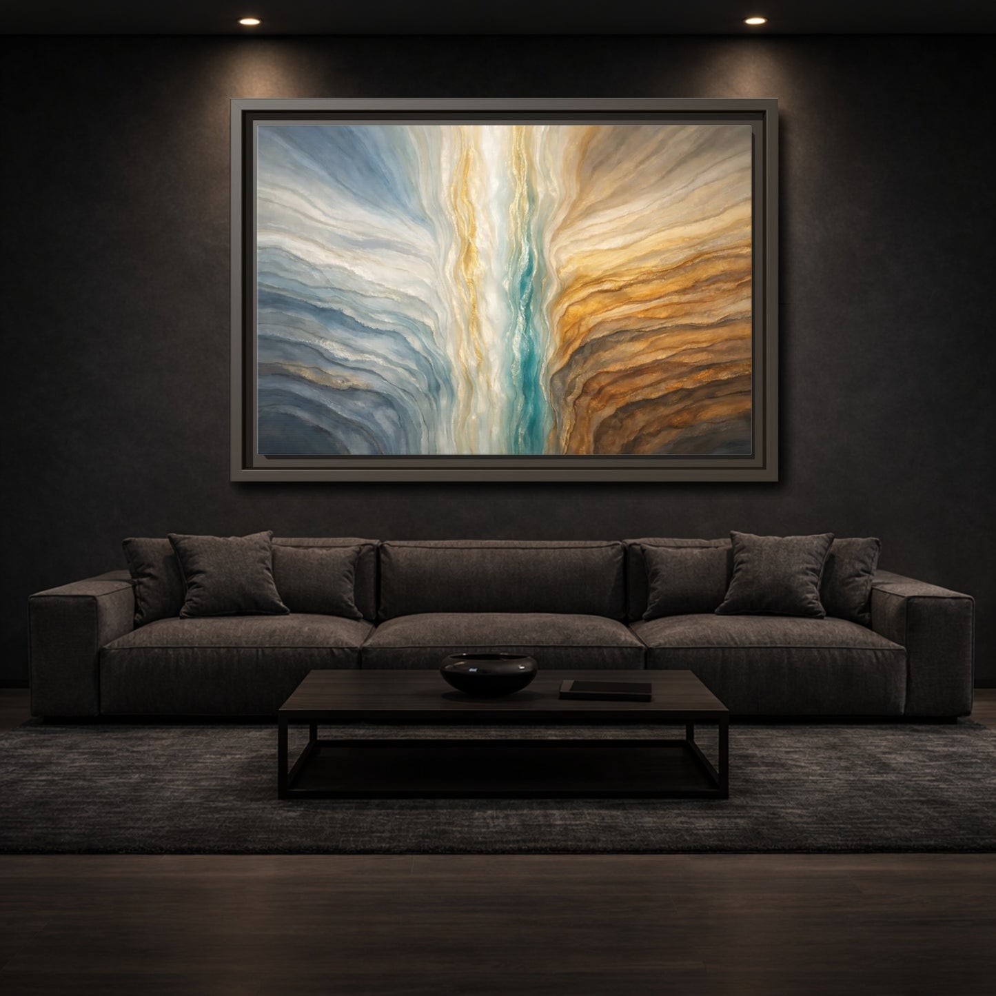 Mockup 2. Abstract Abstract Flow Teal Gold Flow shown as stretched canvas wall art
