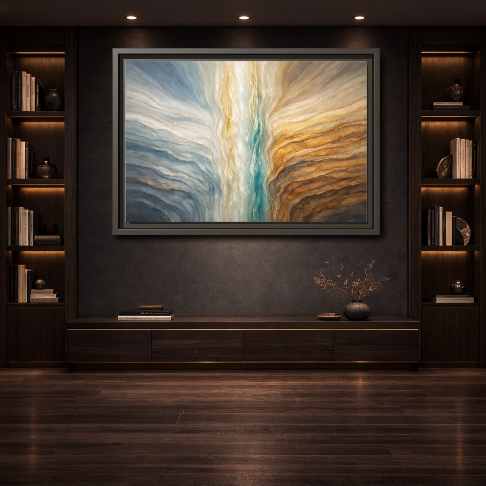Mockup 3. Abstract Abstract Flow Teal Gold Flow shown as stretched canvas wall art