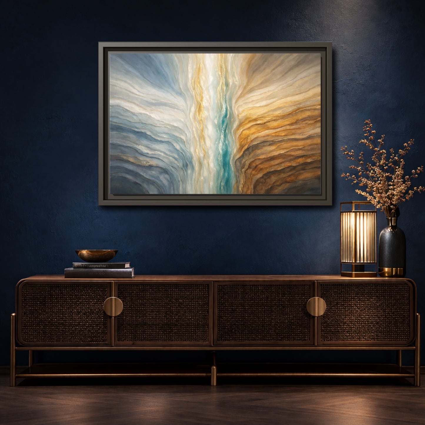 Mockup 4. Abstract Abstract Flow Teal Gold Flow shown as stretched canvas wall art
