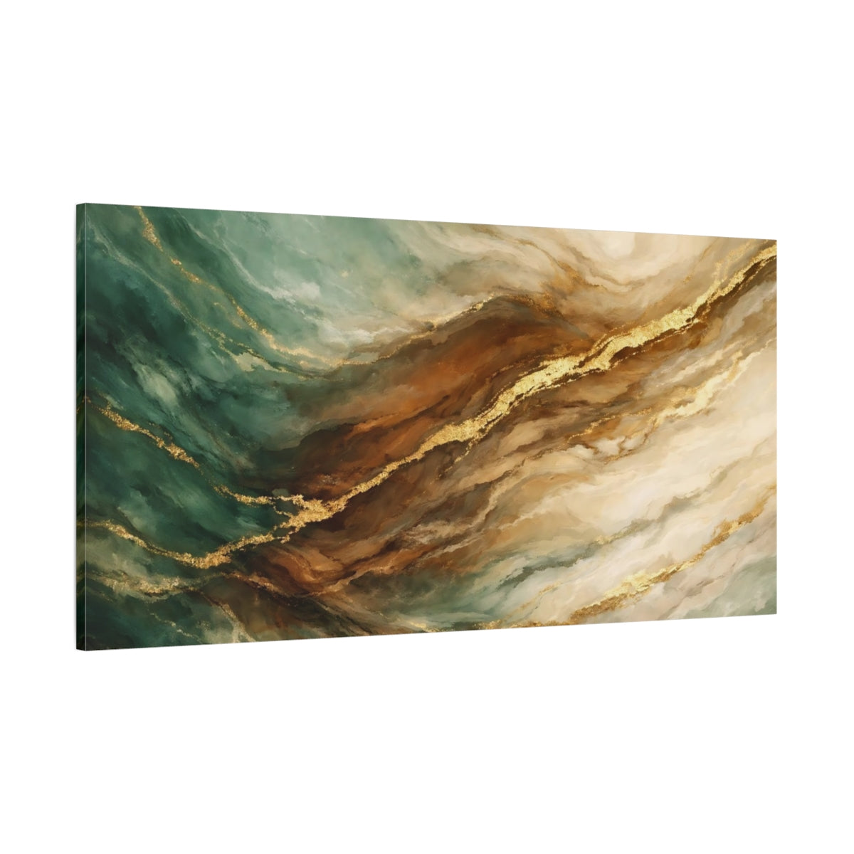 Main Mockup. Abstract Abstract Flow Teal Gold Marble shown as stretched canvas wall art