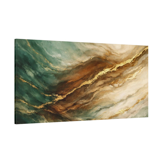 Main Mockup. Abstract Abstract Flow Teal Gold Marble shown as stretched canvas wall art